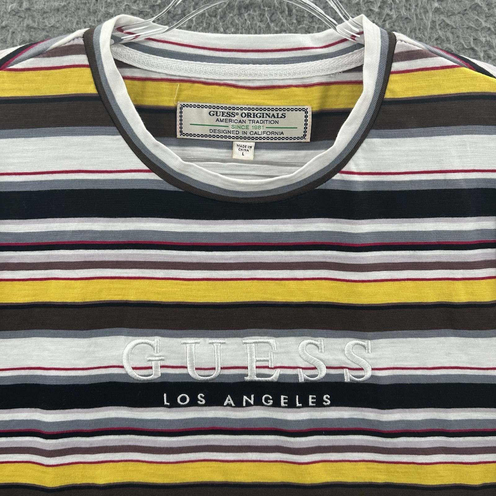 Guess Shirt Men Large Black Brown Yellow Red White Striped Rap Tee Originals USA
