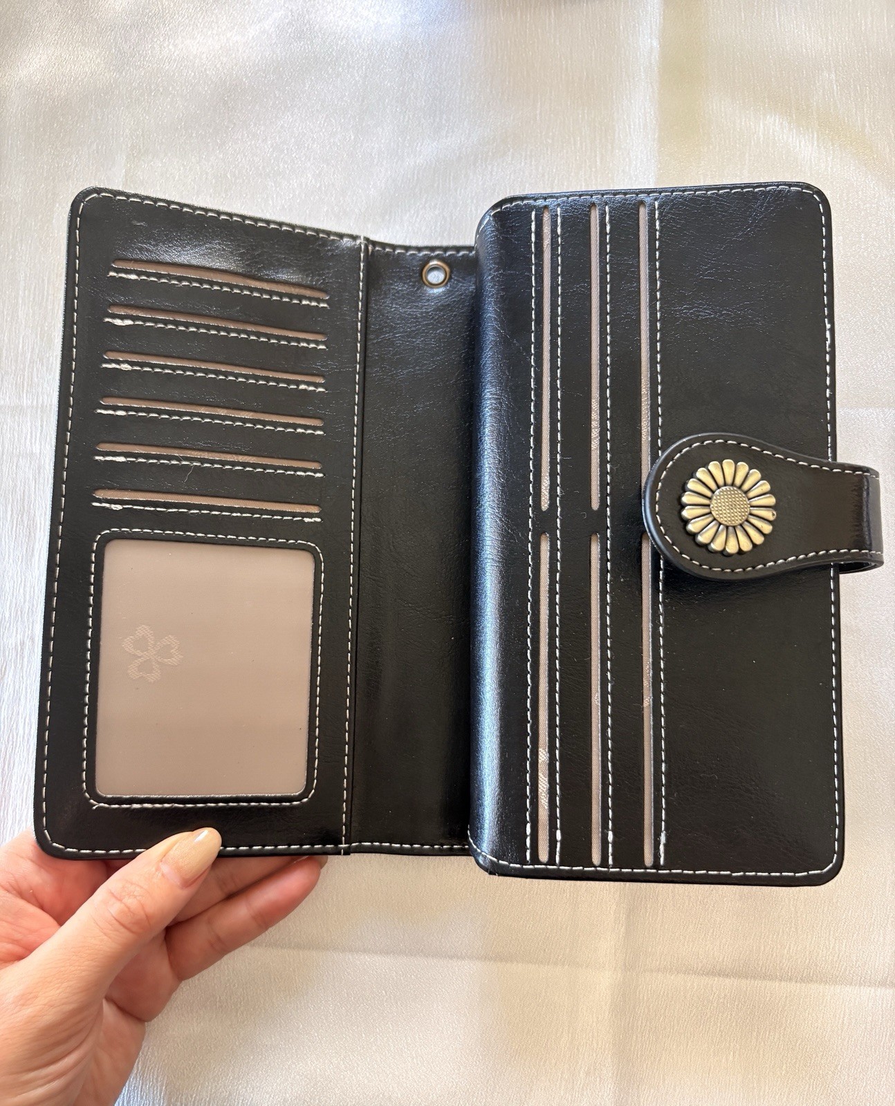 Women’s Black Folding Clutch Wallet, Button Strap & Zip Compartment, Card ID