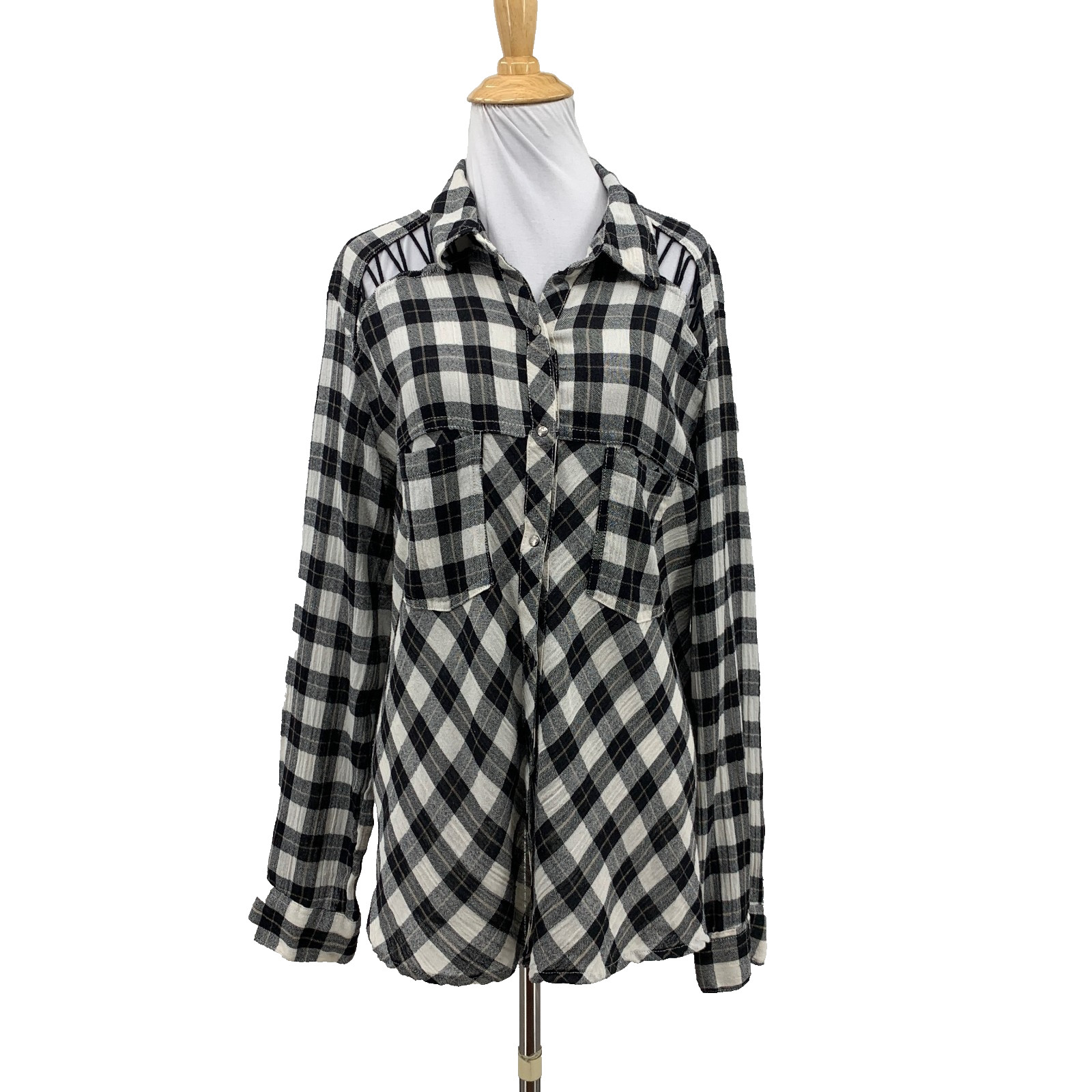Free People Shirt Womens M Medium Black White Plaid Lace Up Shoulder Snap Button