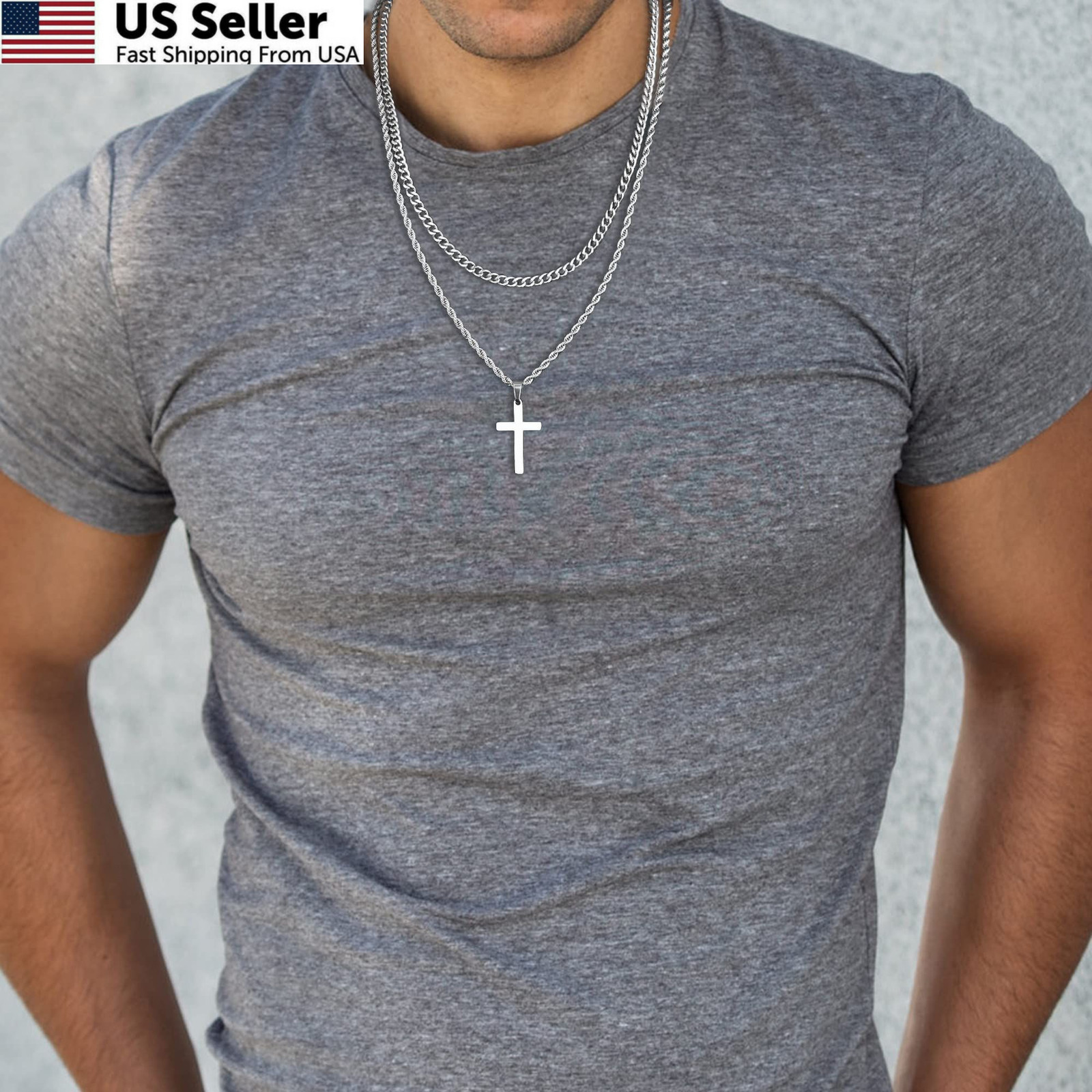 Yooblue Cross Necklace for Men – Stainless Steel 18-20 inches, “Silver