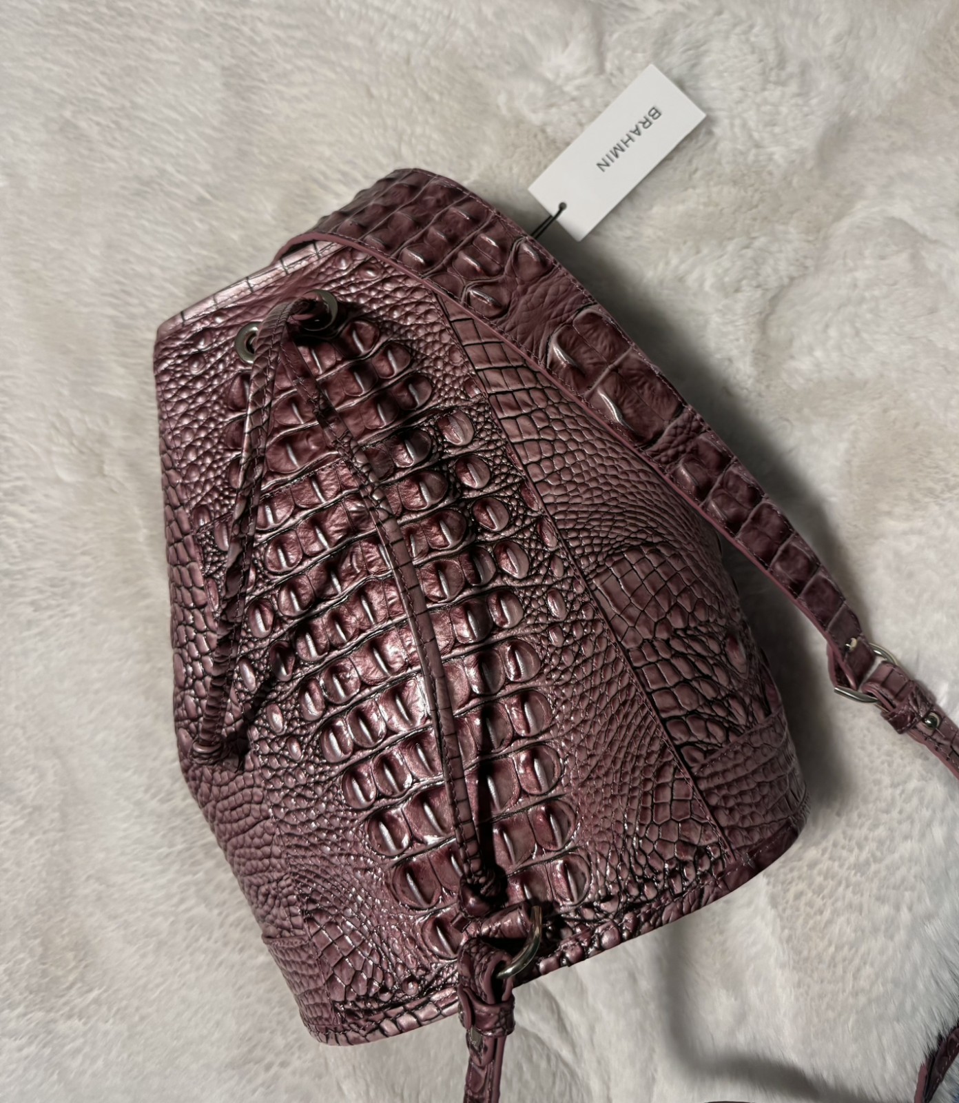 Brahmin Burgundy Embossed Animal Print Bucket Drawstring Bag