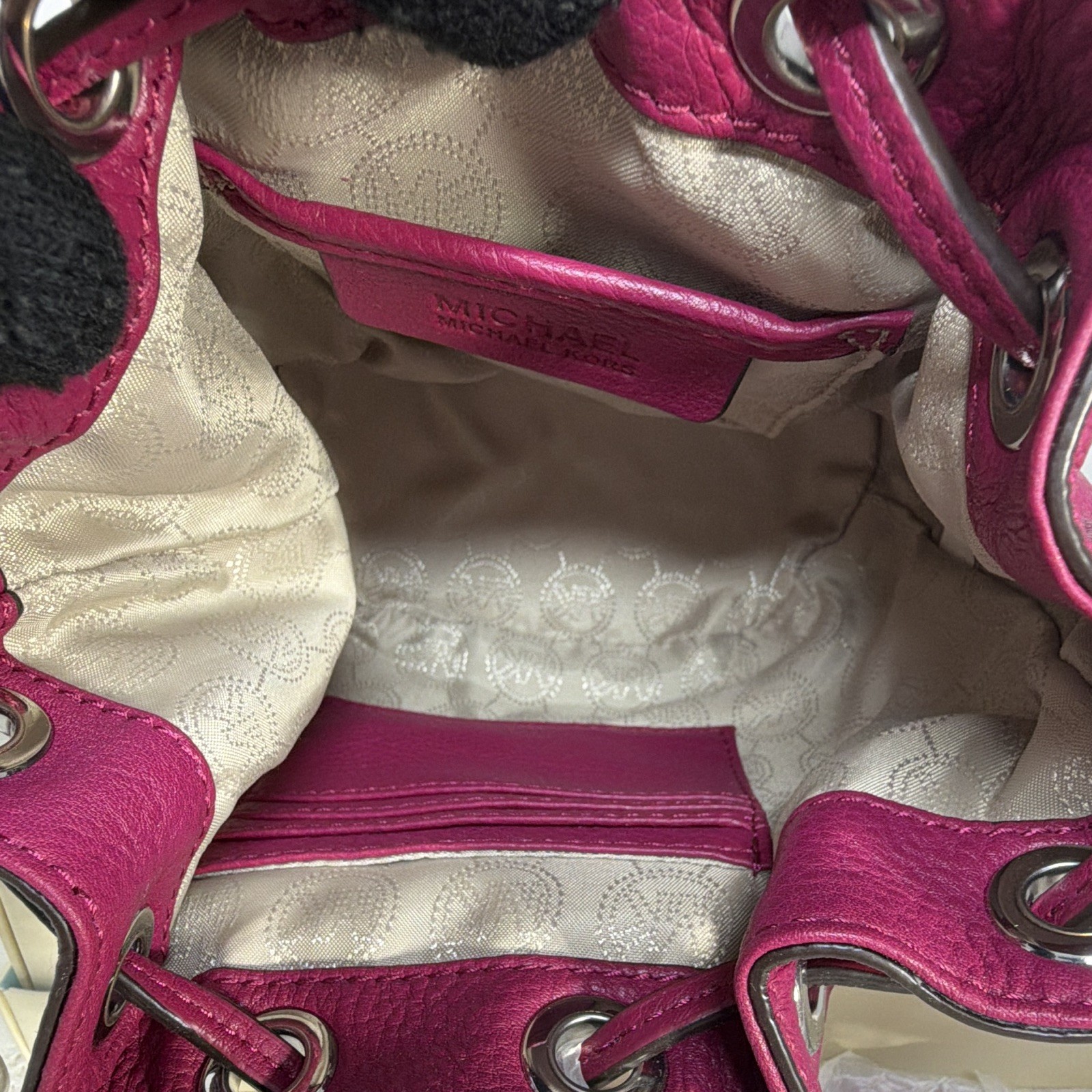 Michael Kors Deep Pink Logo Bucket Drawstring Crossbody Bag Silver Hardware