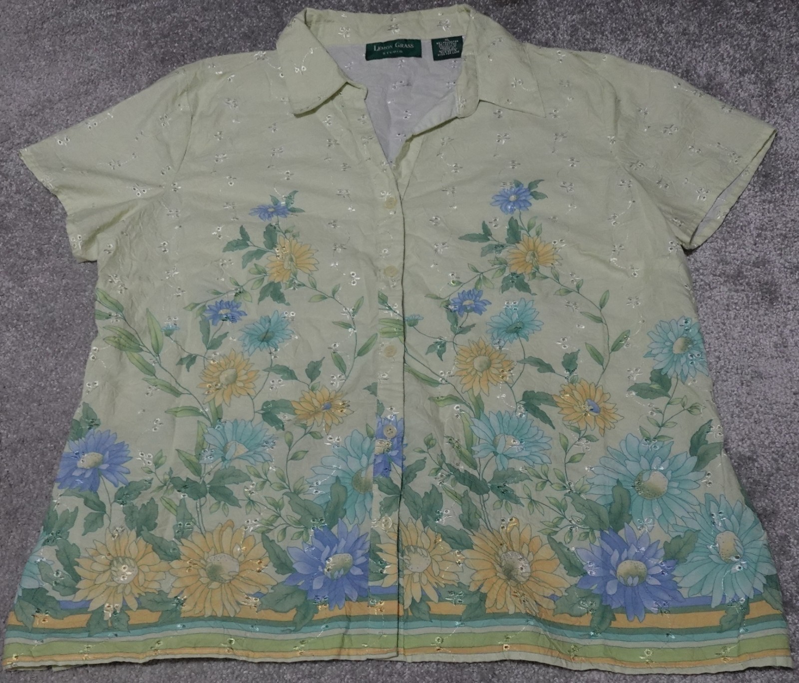 Lemon Grass Eyelet Blouse Women’s XL Green Floral Embroidered Short Sleeve