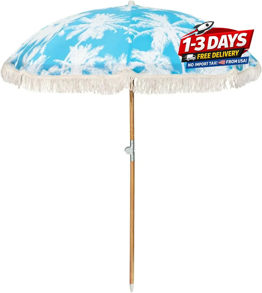 6.5Ft Boho Beach Umbrella with Fringe, Tassel Umbrellas with Tilting Wood Pole &