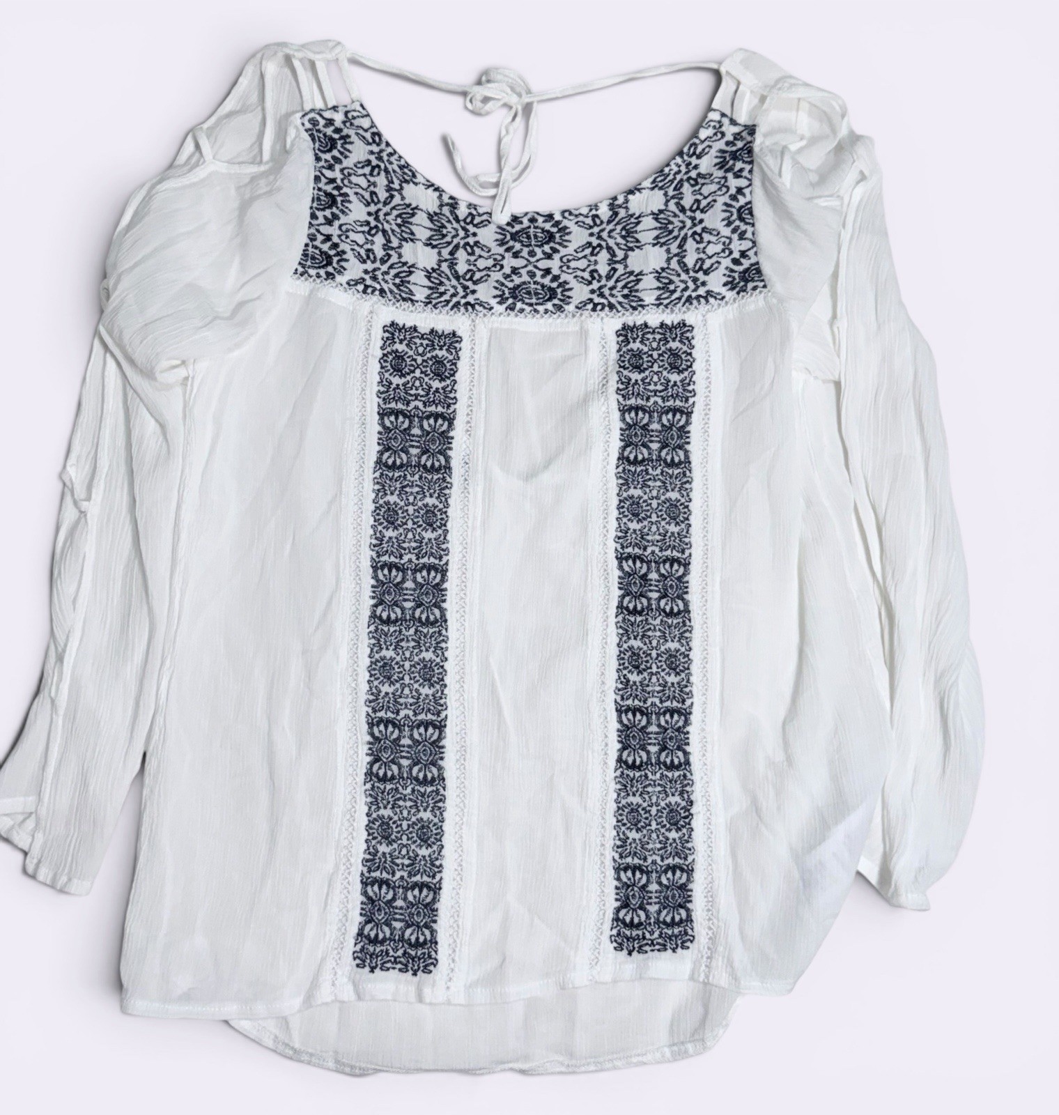 OndadeMar Embroidered Resort Top White 100% Rayon Cold Shoulder – Small