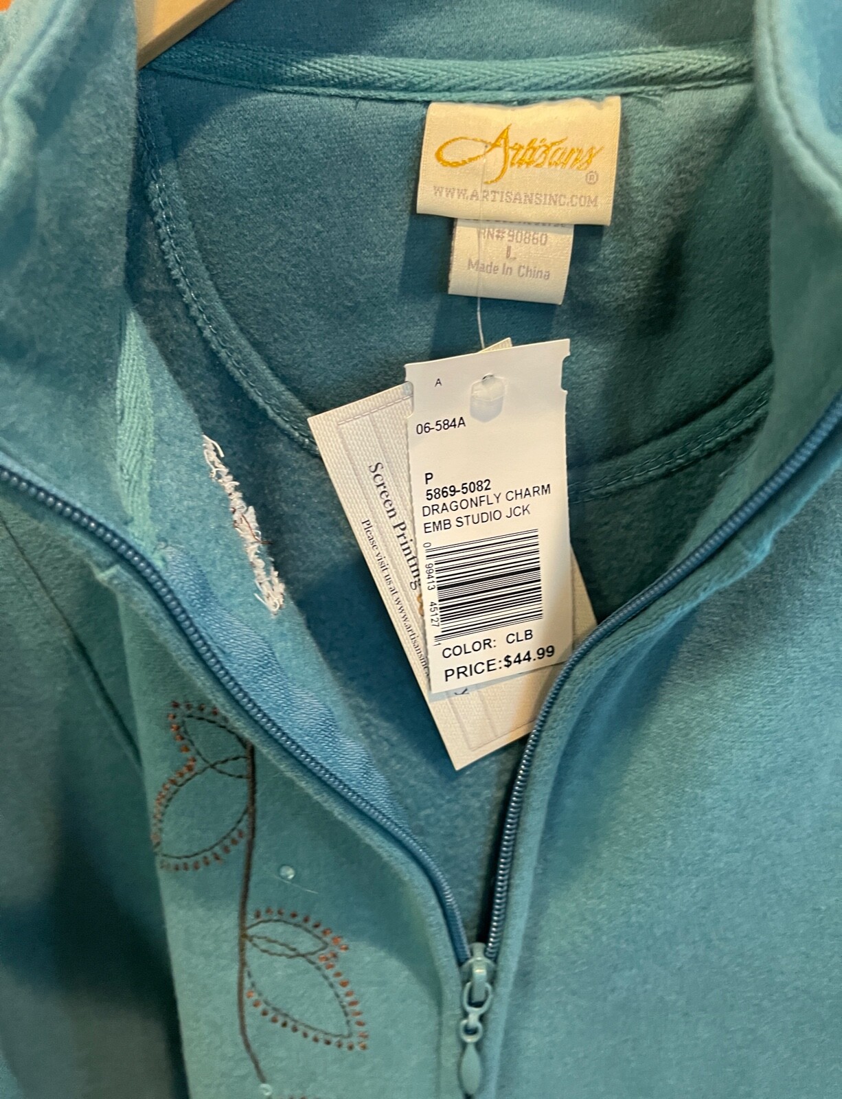 NWT Artisians Dragonfly Embroidered Rhinestones Teal Zip Fleece Jacket Women’s L