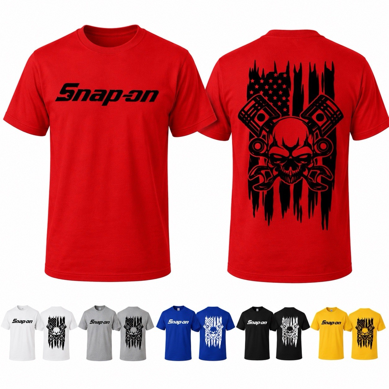 Snap-on Mechanic Skull Flag T-Shirt Front & Back Print Cotton Tee S-3XL