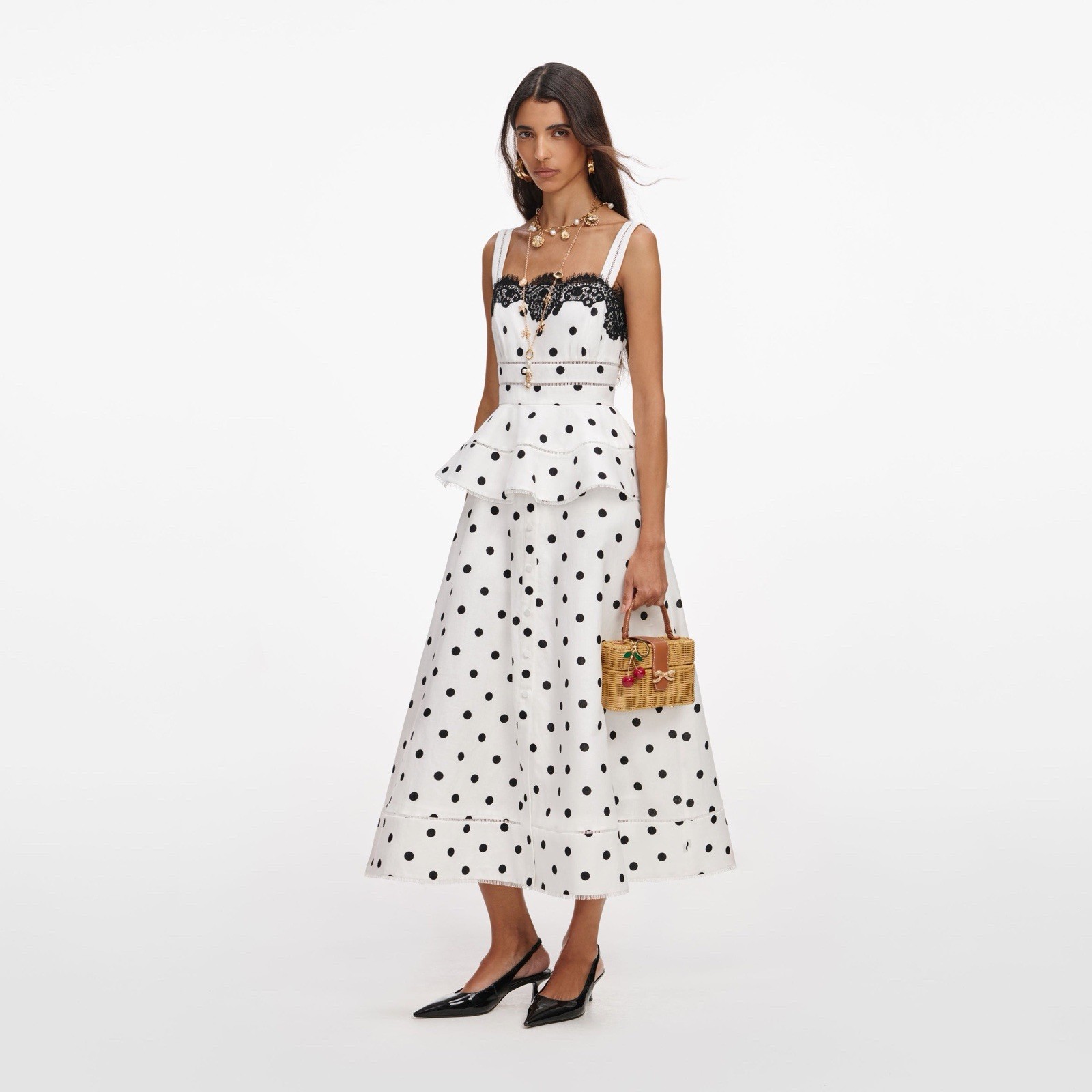 self portrait WHITE POLKA DOT LINEN MIDI DRESS $ 685 Size US 2 UK 6