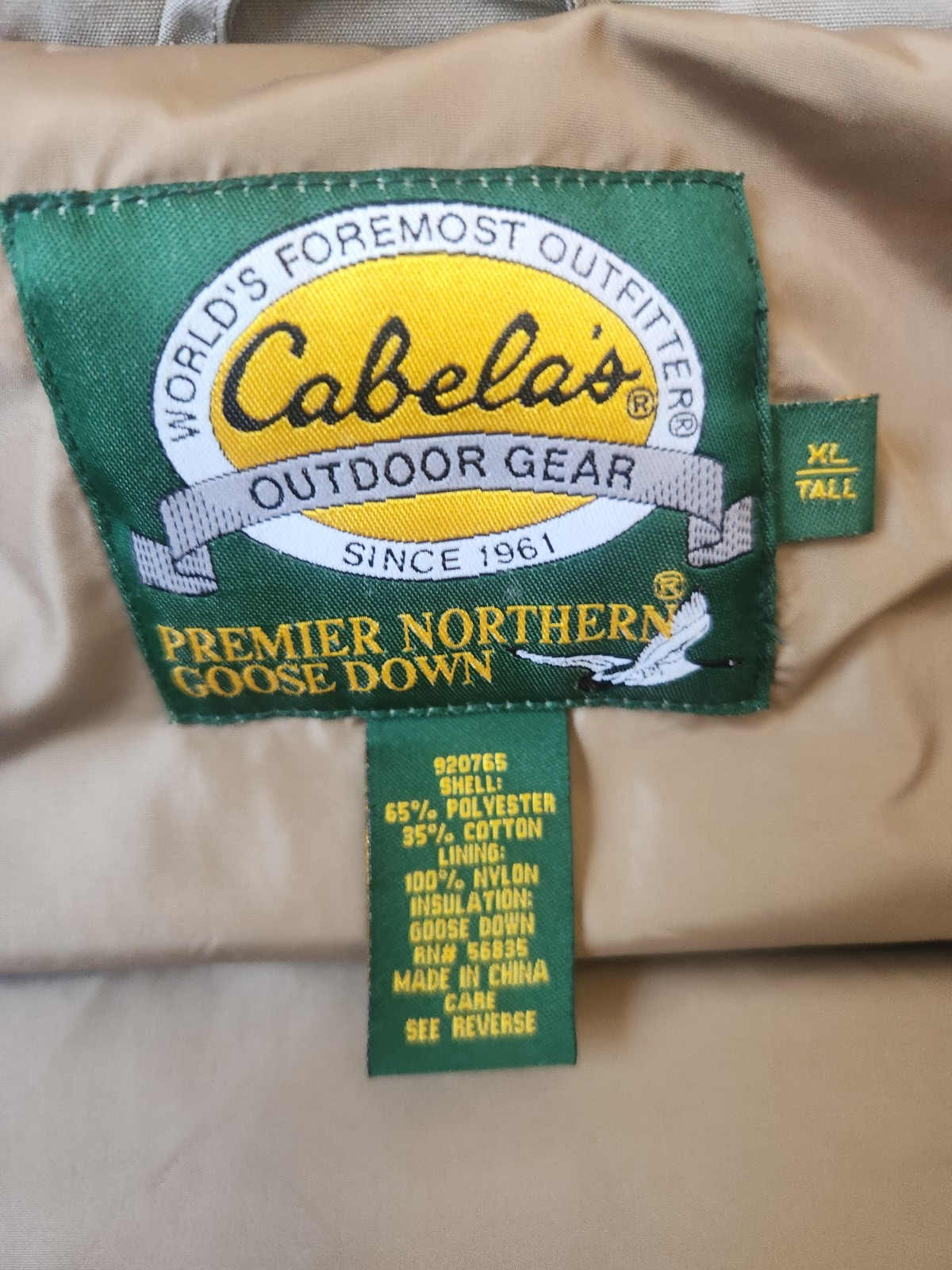 Cabelas Premier Northern Goose Down Parka Jacket Men’s XL Tan Hooded Insulated
