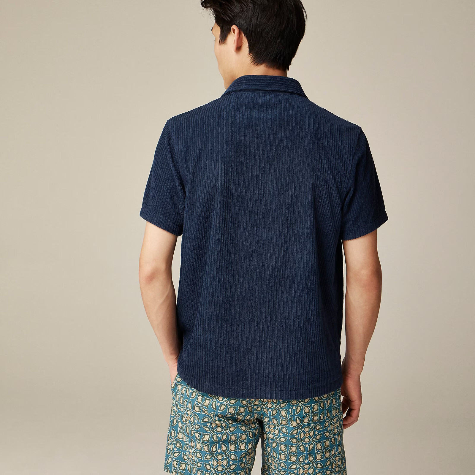NWT $110 J Crew Short Sleeve Corded Navy Blue Corduroy Terry Camp Collar Shirt
