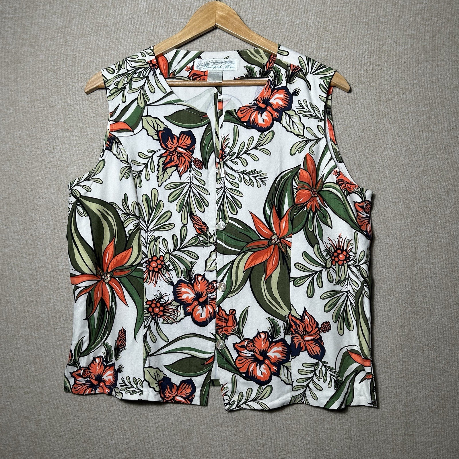 Pineapple Moon Silk Top Womens XL Sleeveless Button Up Hawaiian Tropical Vintage