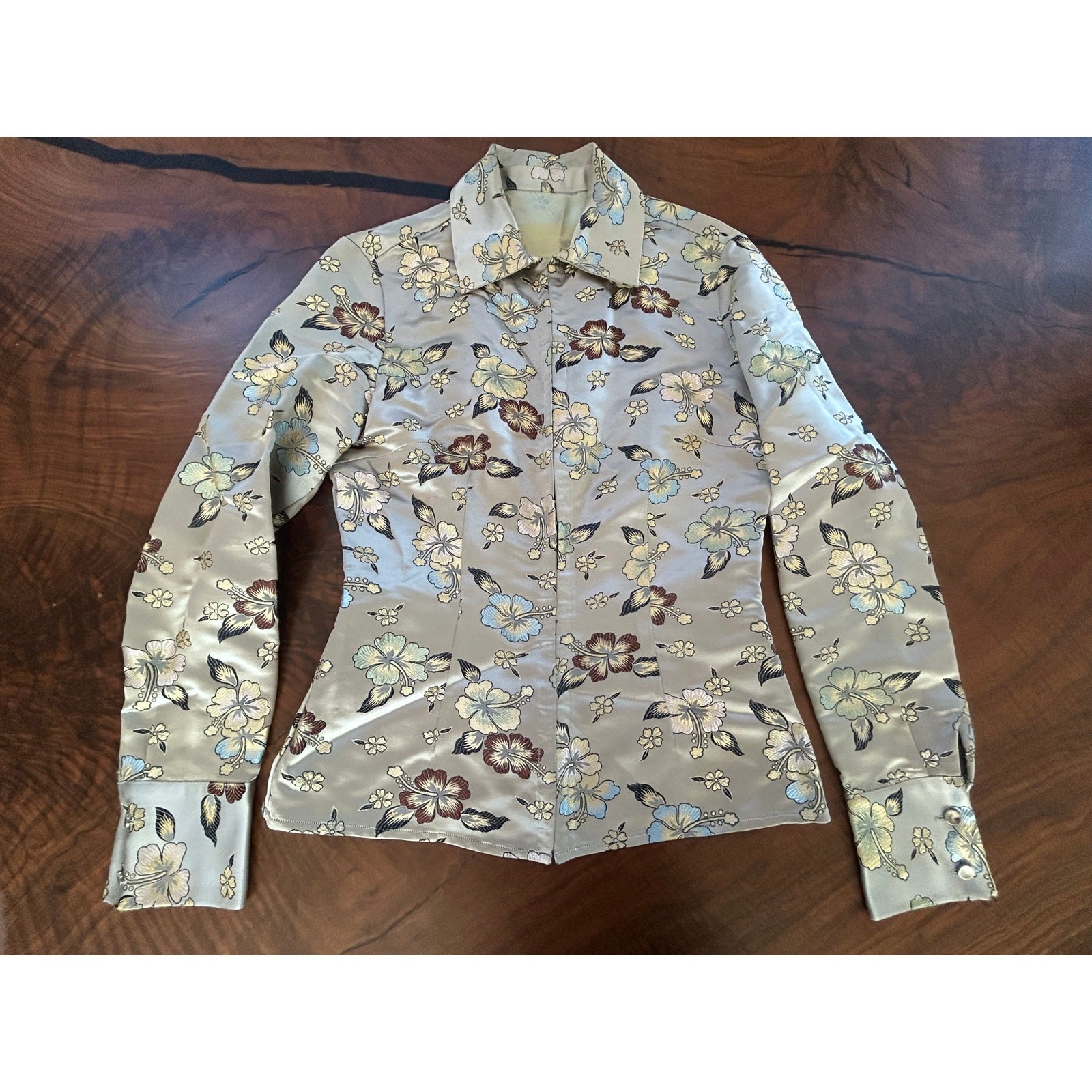 Mag by Magaschoni Tailored Satin Jacquard Brocade Hibiscus Shirt 4 S