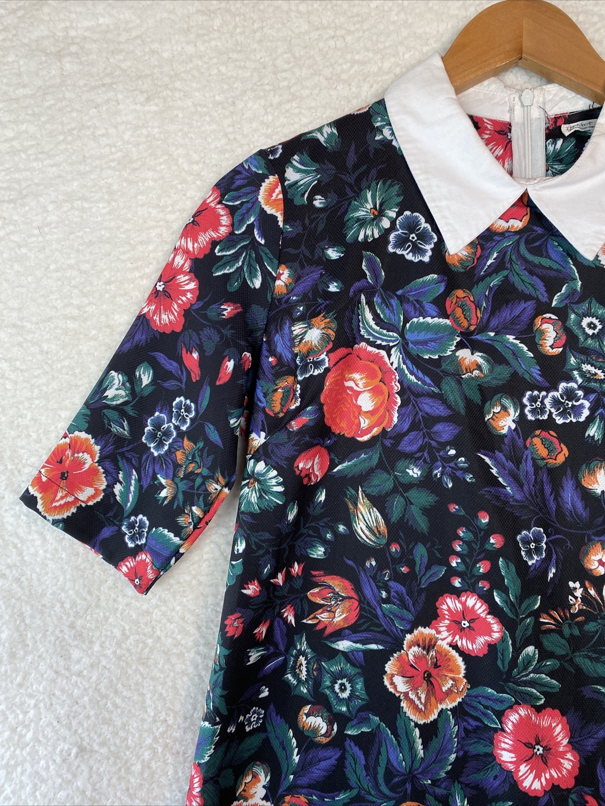 Zara Mini Dress Womens Small Aline Floral S/Sleeve Peter Pan Collar Work Office