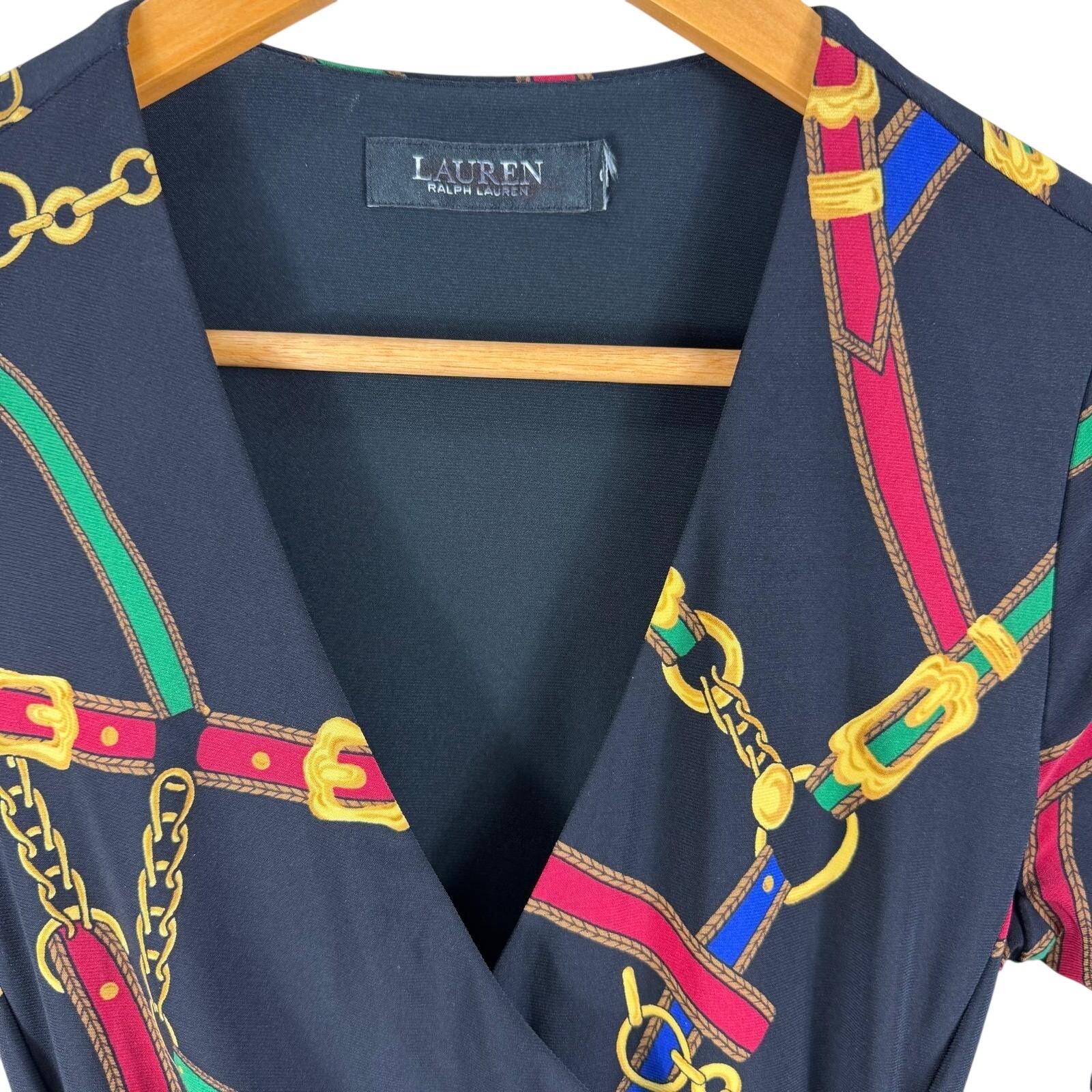 Lauren Ralph Lauren Equestrian Chain Print Faux Wrap Midi Dress Black Red Small