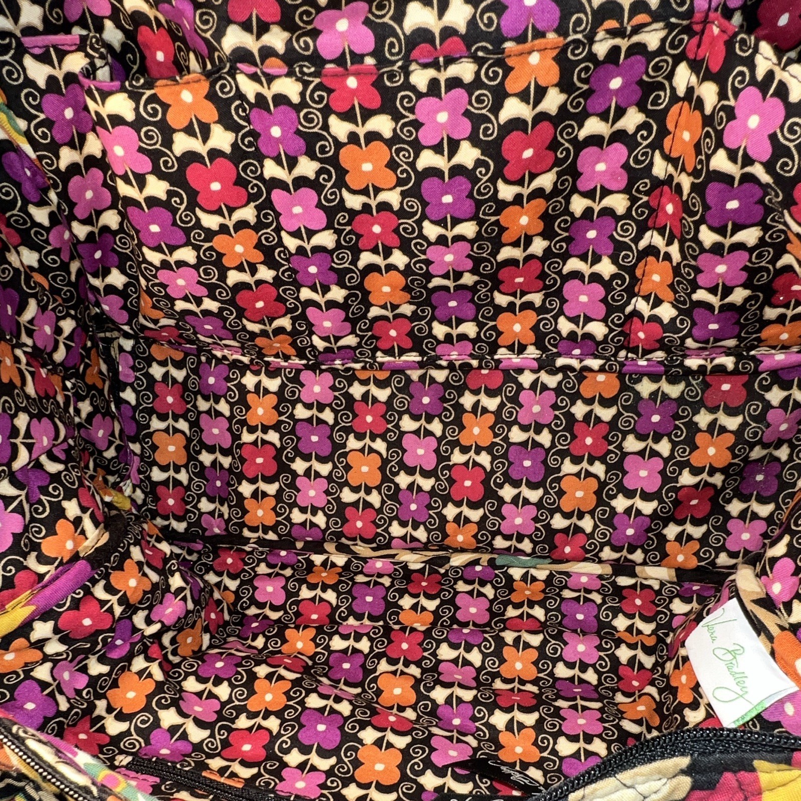Vera Bradley Large Floral Shoulder Bag Black Multicolor Lined Inner Pockets Zip