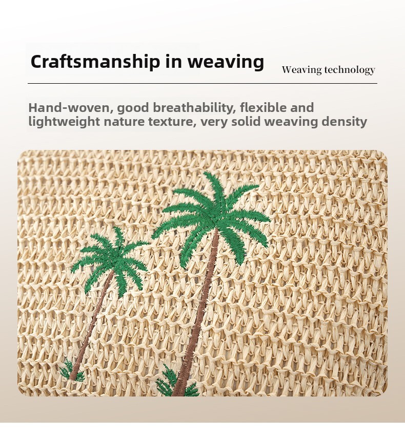 Women Coconut Tree Pattern Large Capacity Solid Color Straw Shoulder Bag For