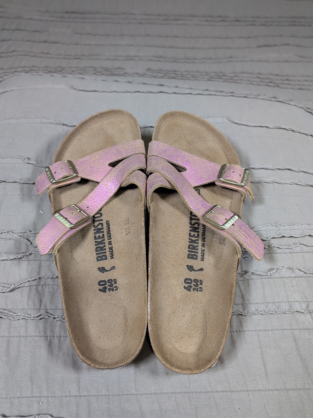 Birkenstock Yao Balance Washed Pink Metallic Suede Slide Sandal W9 M7 Narrow 40