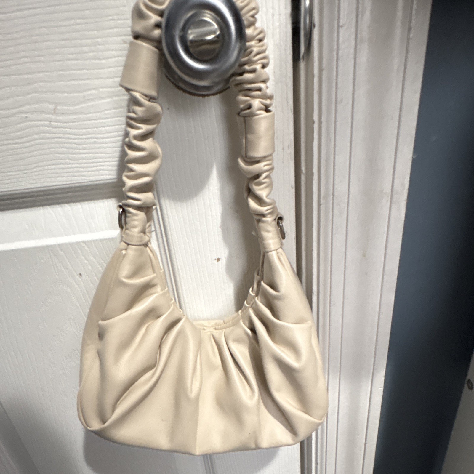Women’s Beige Ruched Crescent Shoulder Bag Solid Pattern Silver Hardware