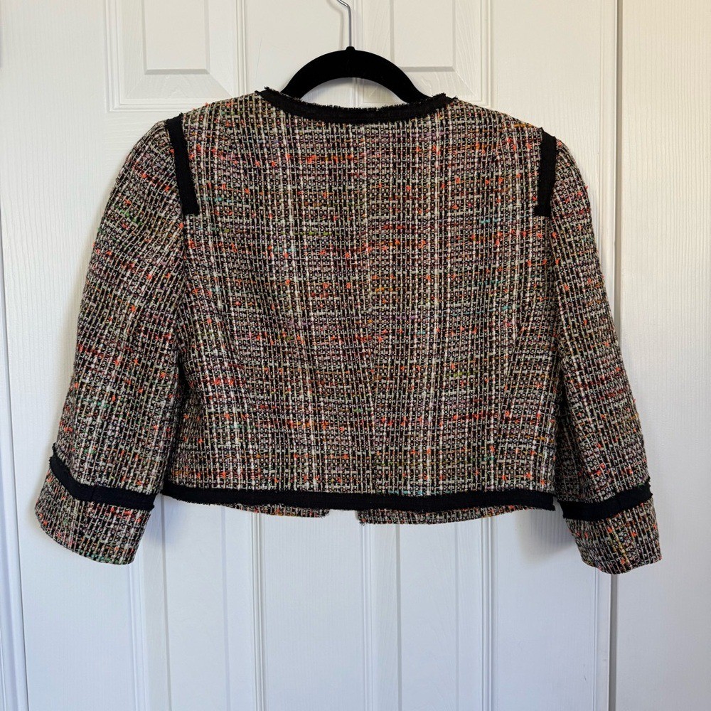 Trina Turk Multicolor Tweed Black Trim Cropped Career Blazer Jacket Womens 0 EUC
