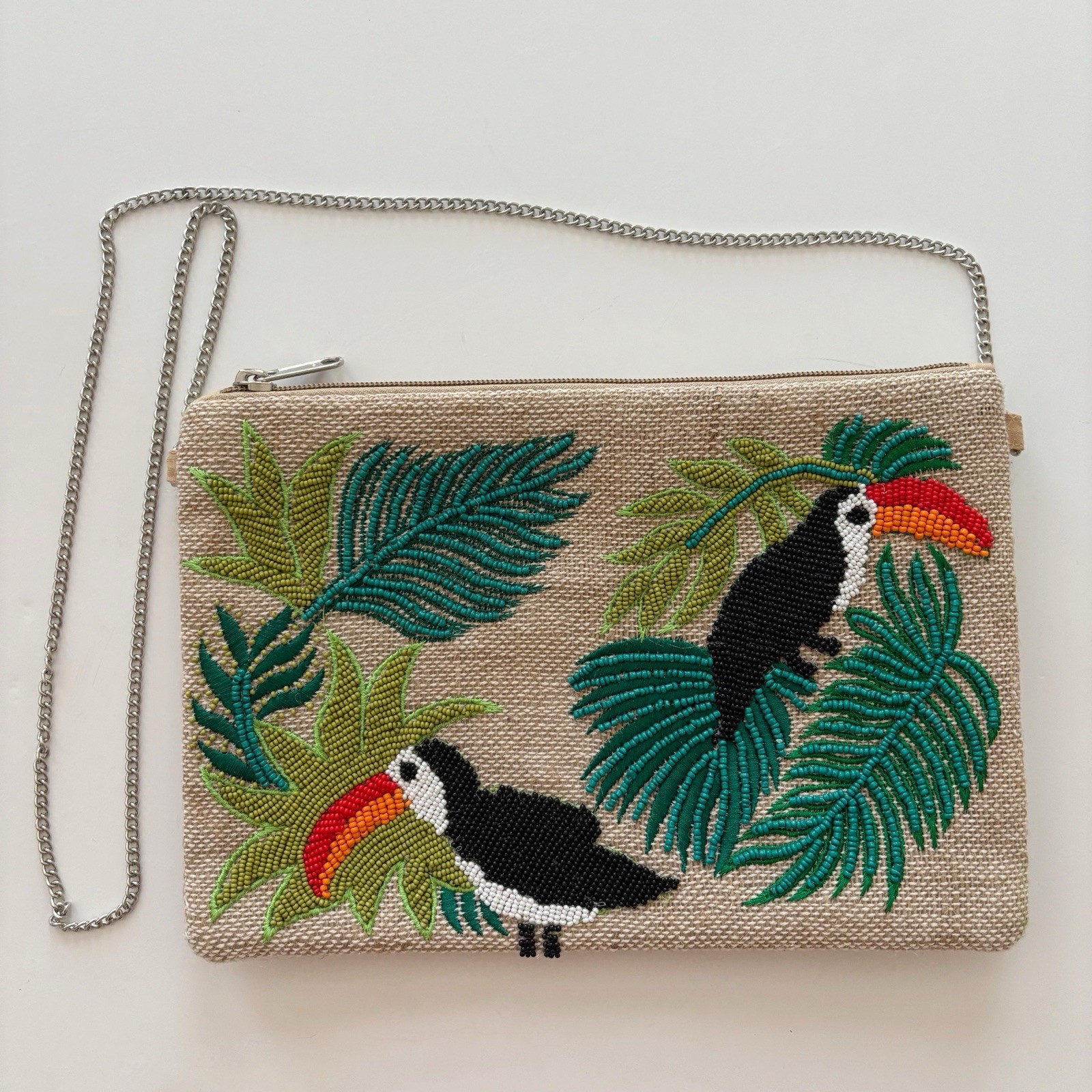 Savvy Beaded Toucan Burlap Clutch Bag 10.25″ X 7.5″ NEW NWT Tropical Summer