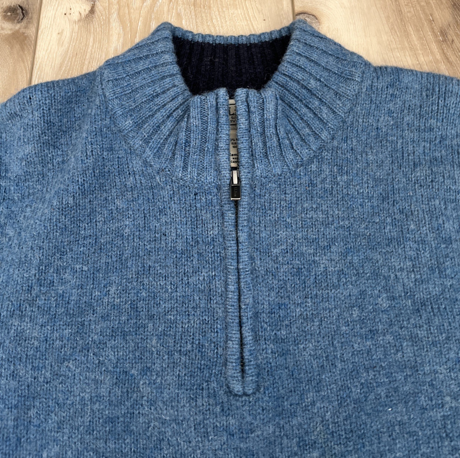 LL Bean Mens 100% Wool Shetland Sweater 1/4 Zip Pullover Elbow Patch Blue Size L