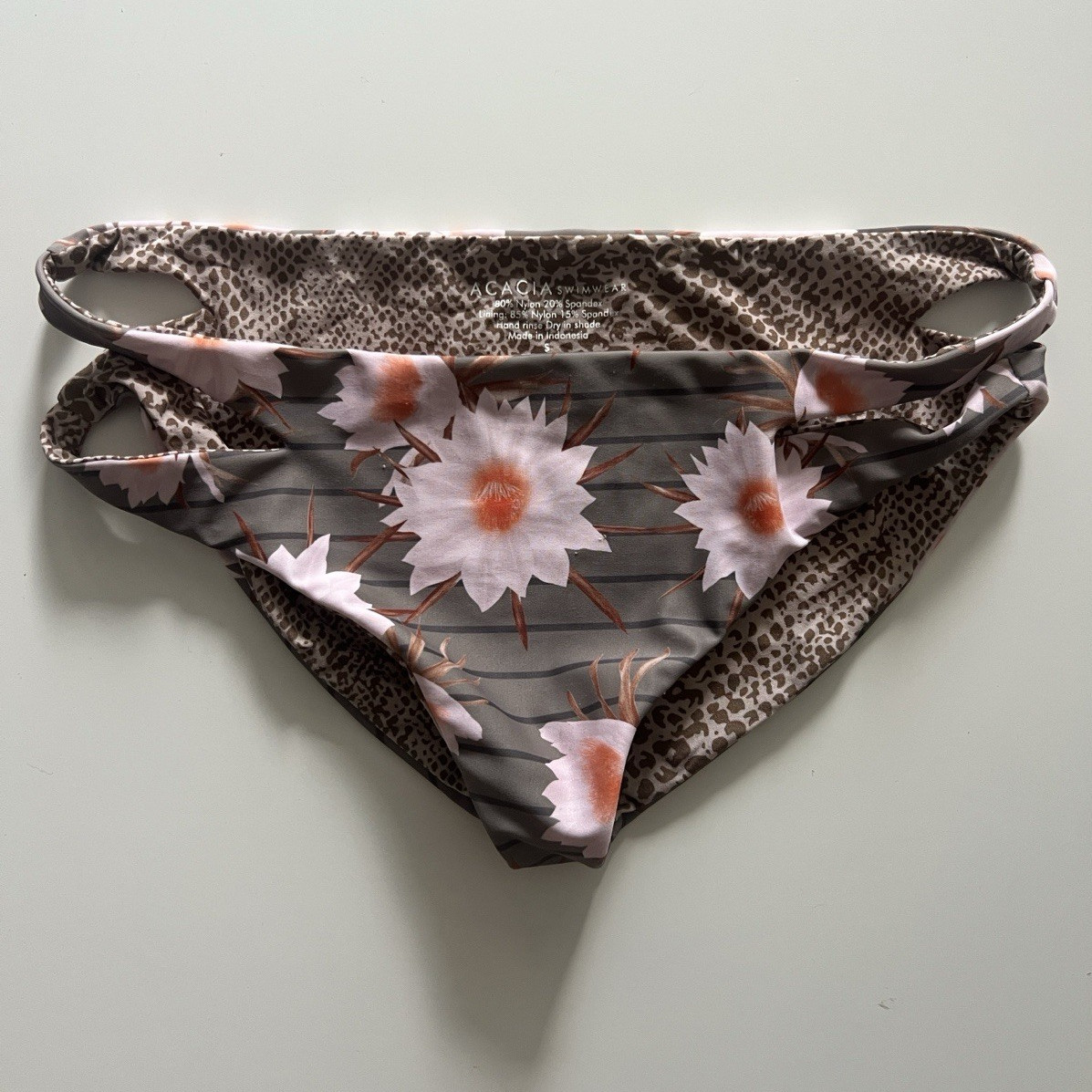 ACACIA Swimwear Women’s S Bikini Bottom Reversible Floral/Leopard Lined Nylon