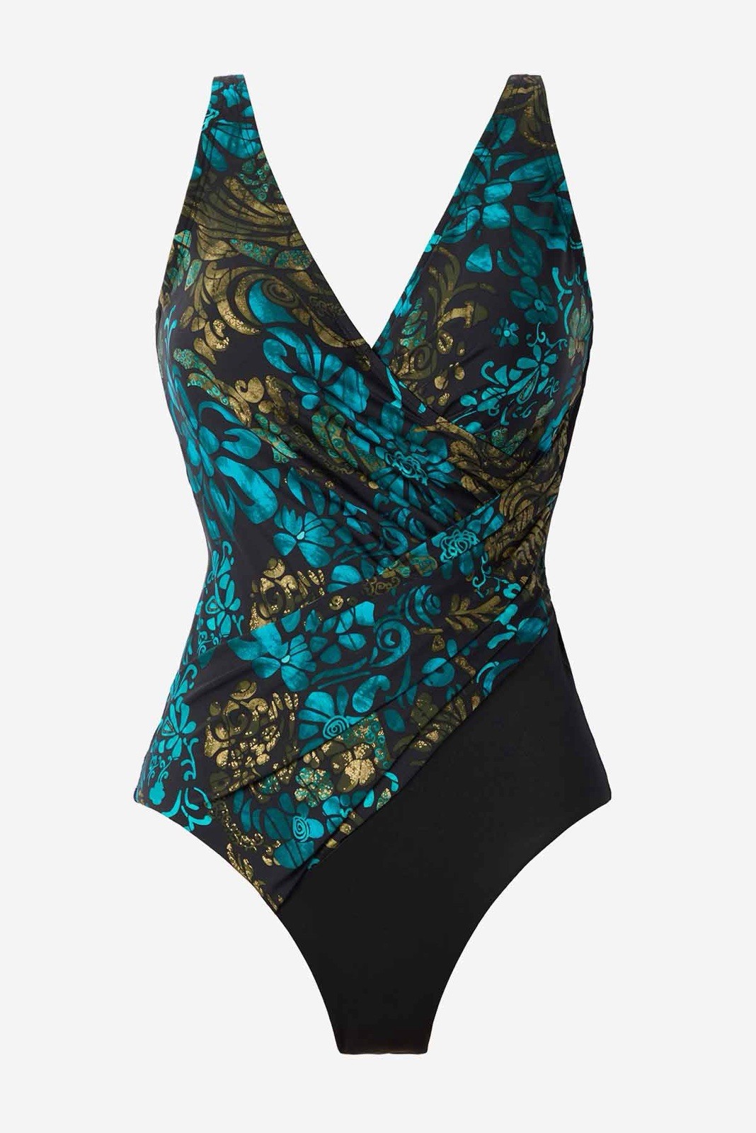 $190 Miraclesuit Plus Size Oceanus Wrap One-Piece Black Multi 18W