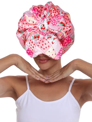 Double Layer Satin Bonnet with Eye Mask Adjustable Silk Sleep Pink Strawberry