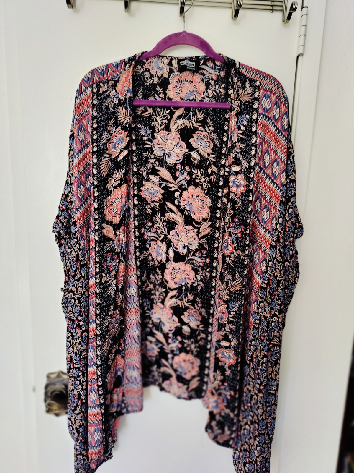 Angie Mixed Print Floral Paisley Kimono O/S Boho Open Front 100% Rayon