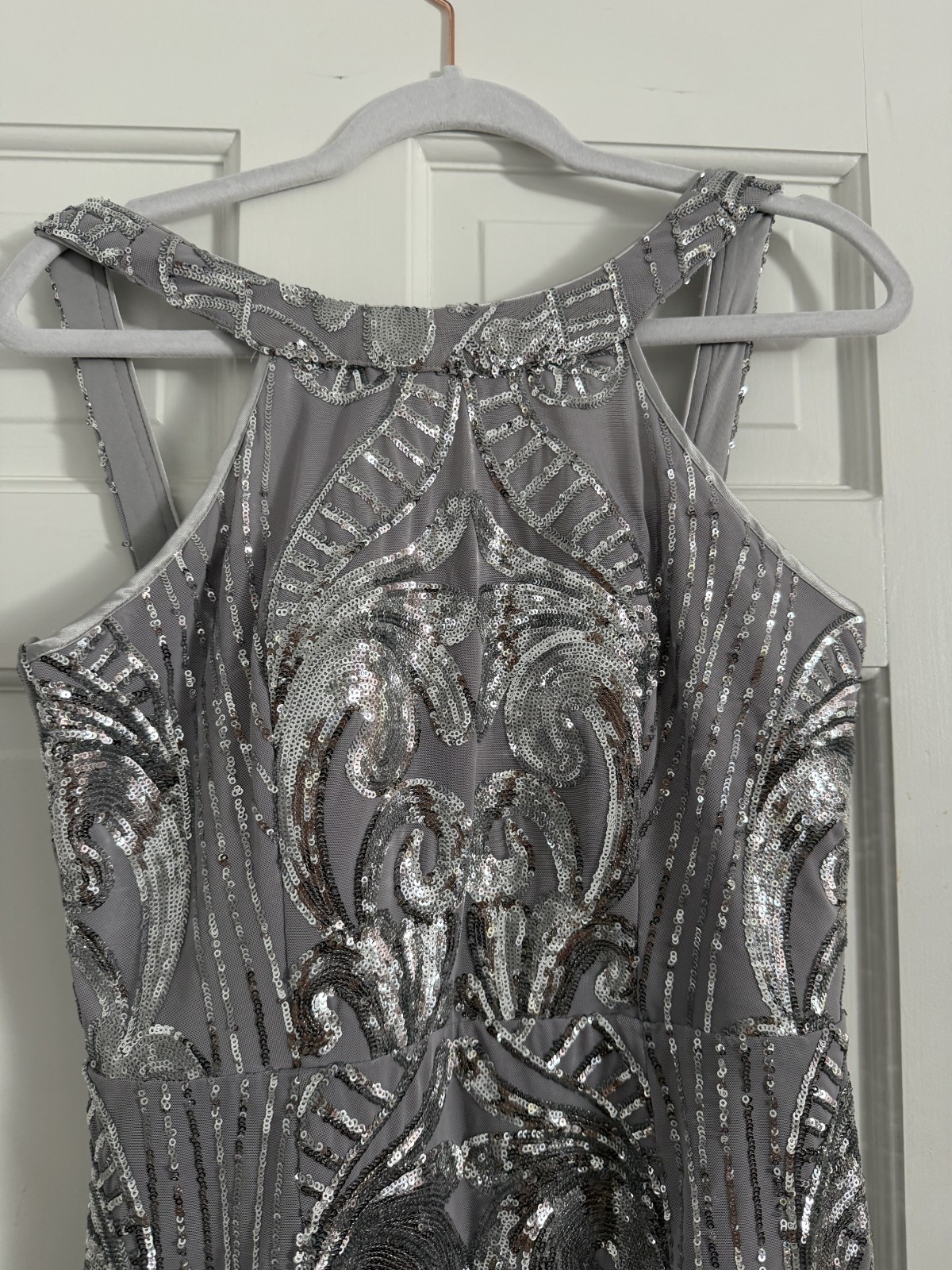 Brand New (NWT) Silver Sequin Formal Gown Floor Length Halter Neck, Size 8