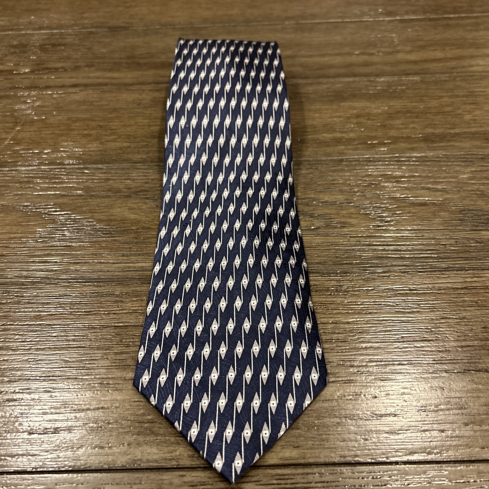 Barbara Blank Geometric Necktie Silk Made in USA Blue/Gray/White 64 Inches Long