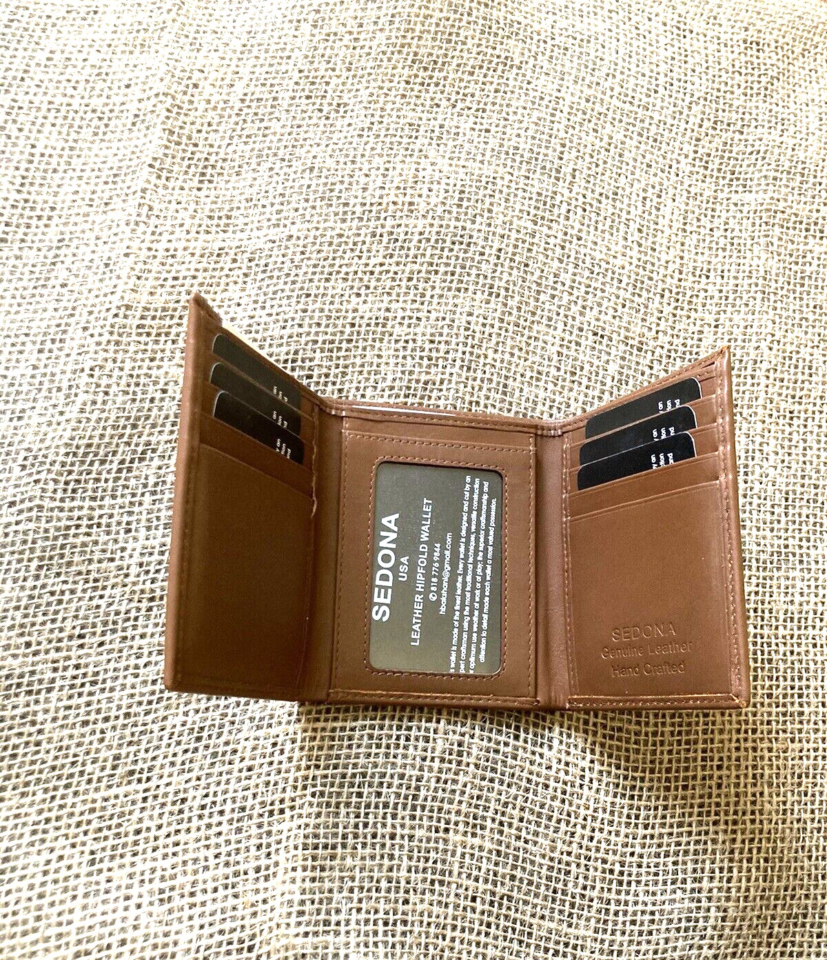 large trifold leather wallet Cognac Color, 8 Card Slots, 1 Id Window