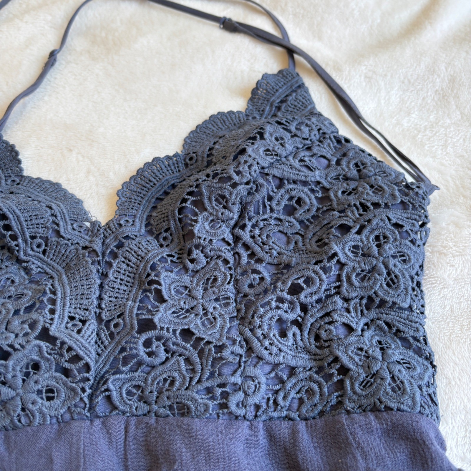 Boho Crochet Lace Backless Romper Navy Blue Festival Summer Sun Dress Size M