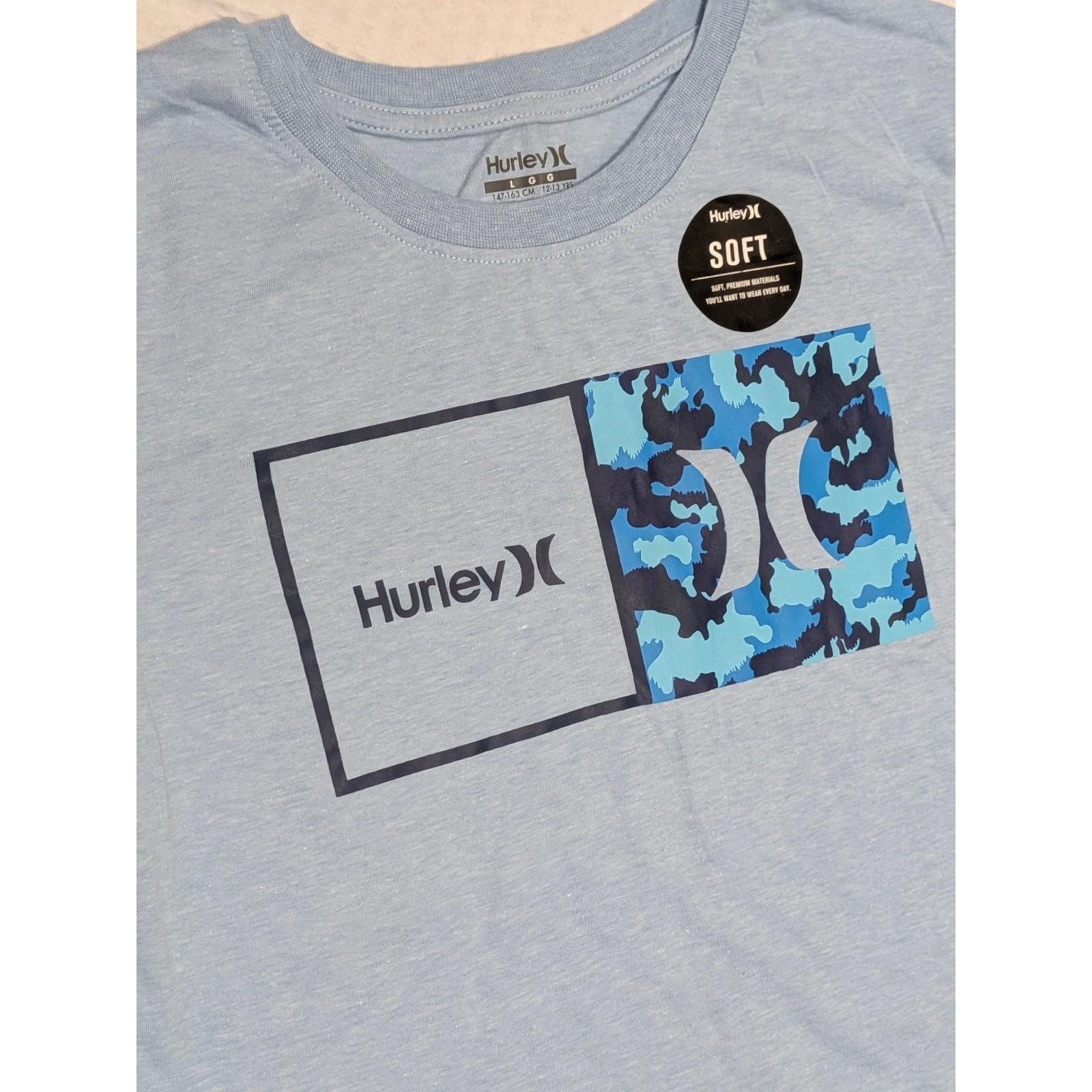 Hurley Boys Long Sleeve Shirt Size L 12/13 Blue Camo Logo Soft Cotton