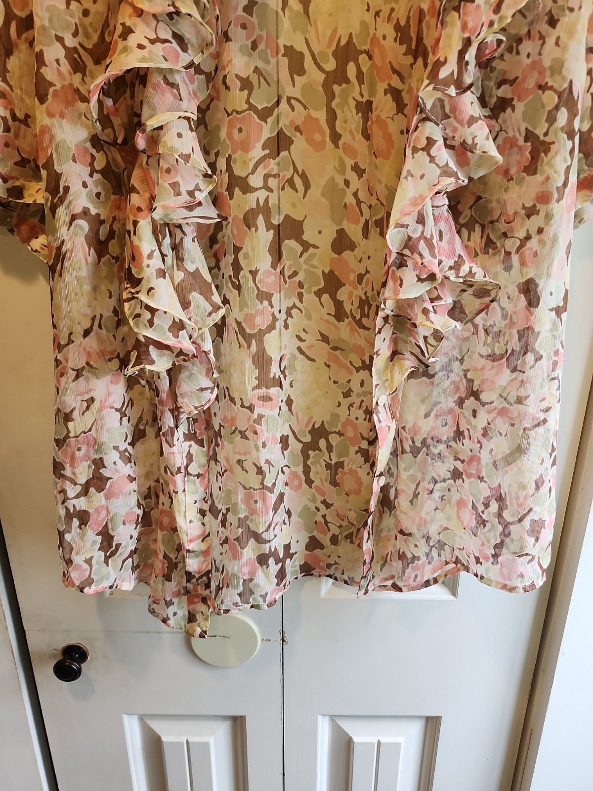 Ralph Lauren Semi Sheer Ruffle Front Blouse Top Sz XL Ivory Pink Blue Floral Pat