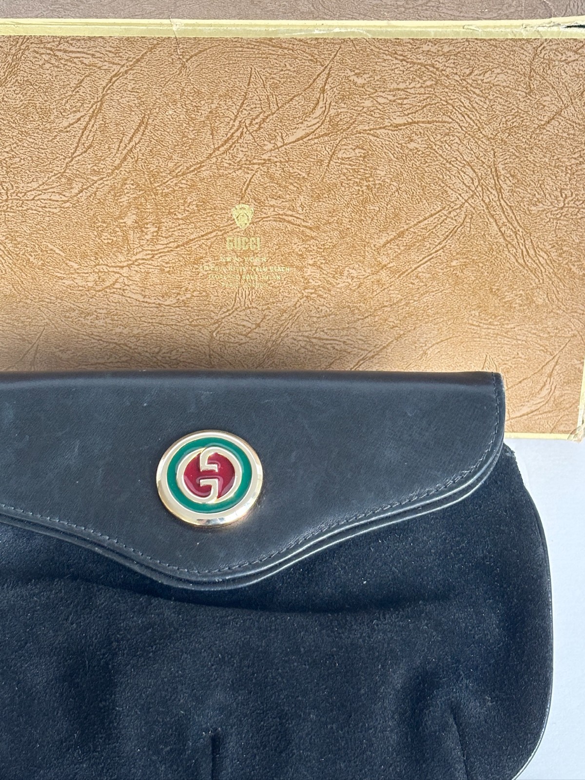 Vintage Gucci Black Suede Leather Clutch Enamel GG Logo Original Box