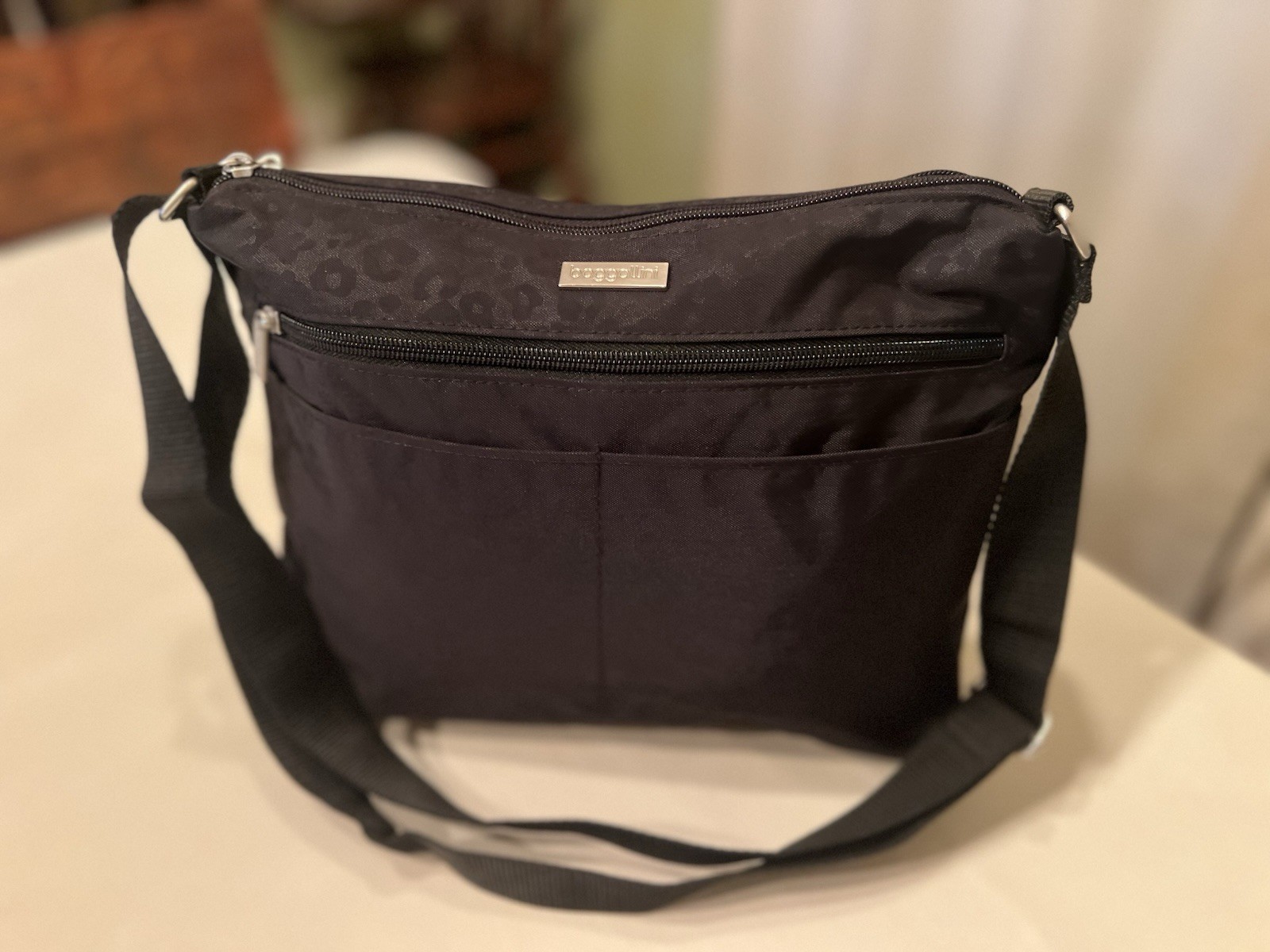 Baggallini Black Leopard Jacquard Nylon Crossbody Travel Bag