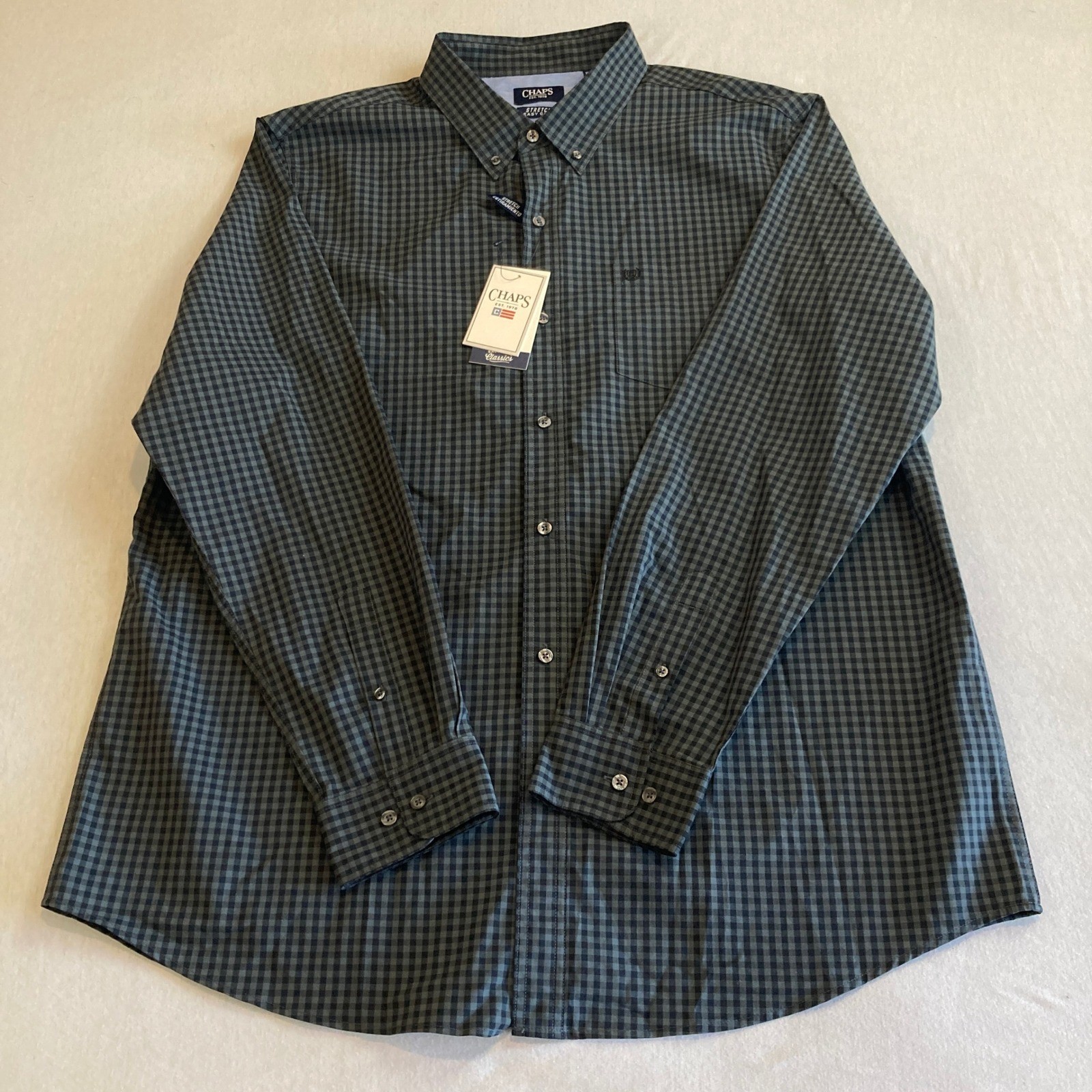 NEW Chaps Mens 2XL Graphite Gingham Stretch Easy Care Button Down Shirt NWT