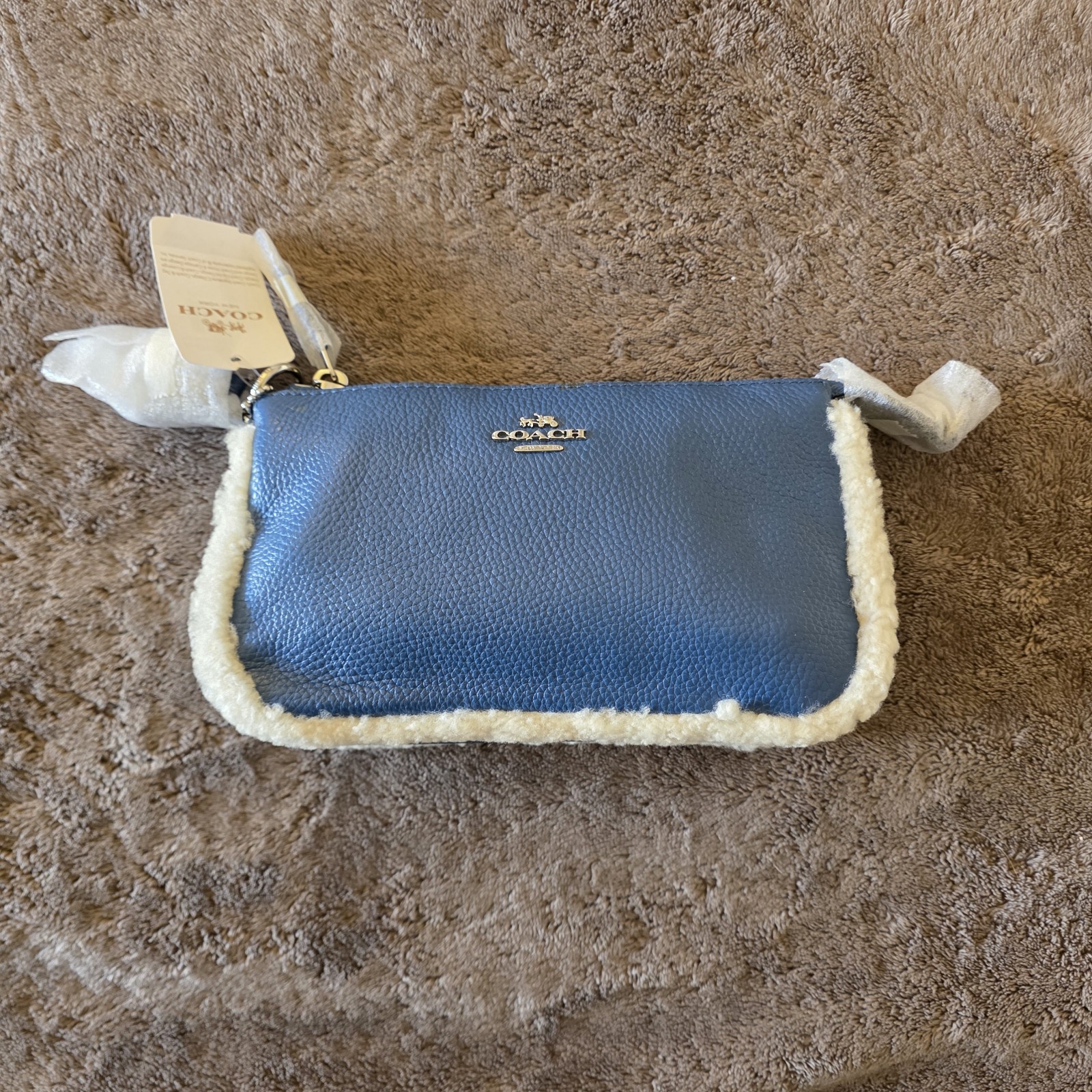 Coach Nolita 19 Shearling Blue Pebble Leather Wristlet Chain Bag NWT