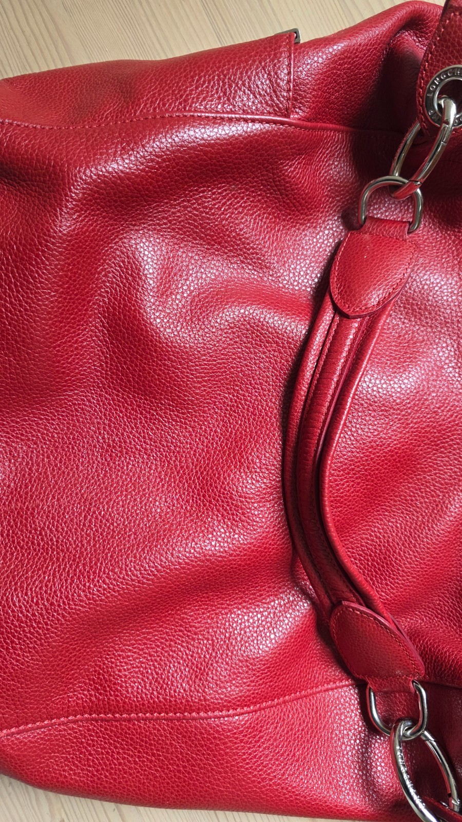 Authentic Red Leather Longchamp Le Foulonnee Hobo Handbag with dust cover