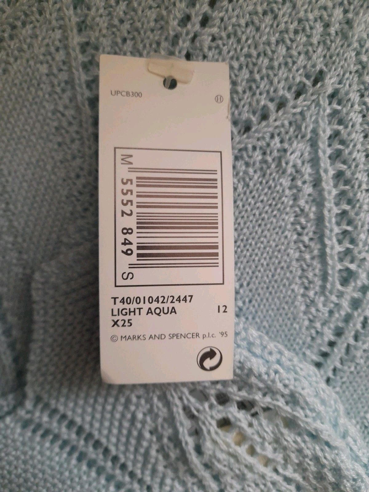 M&S Marks & Spencer Jumper UK 12 Light Aqua S/Sleeve Pointelle Vintage 1990’s