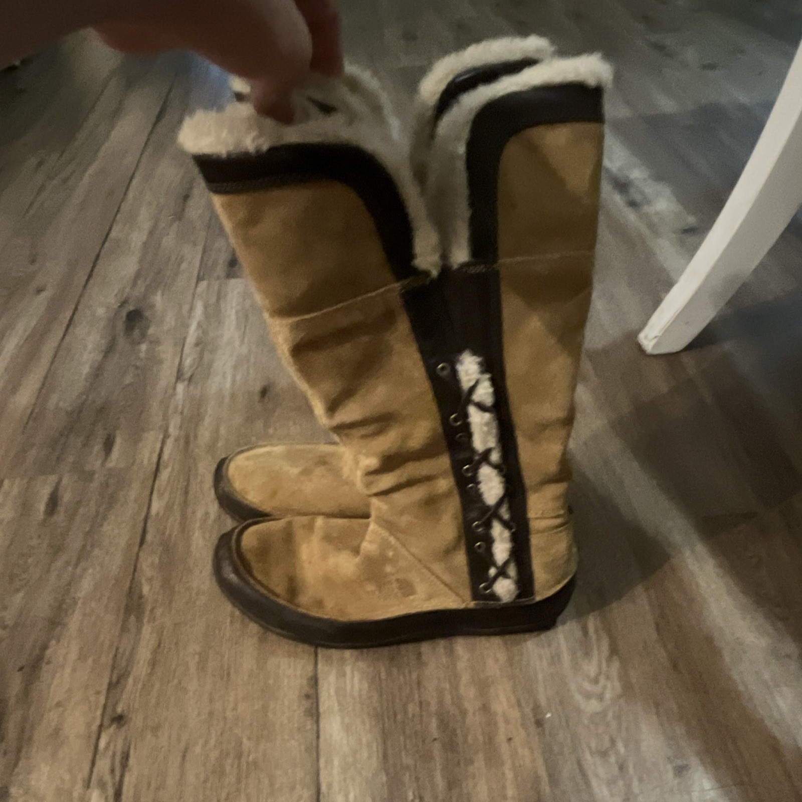 Women’s Tan/Black Suede Knee High Winter Boots Fur Trim Lined Pull On 9.5
