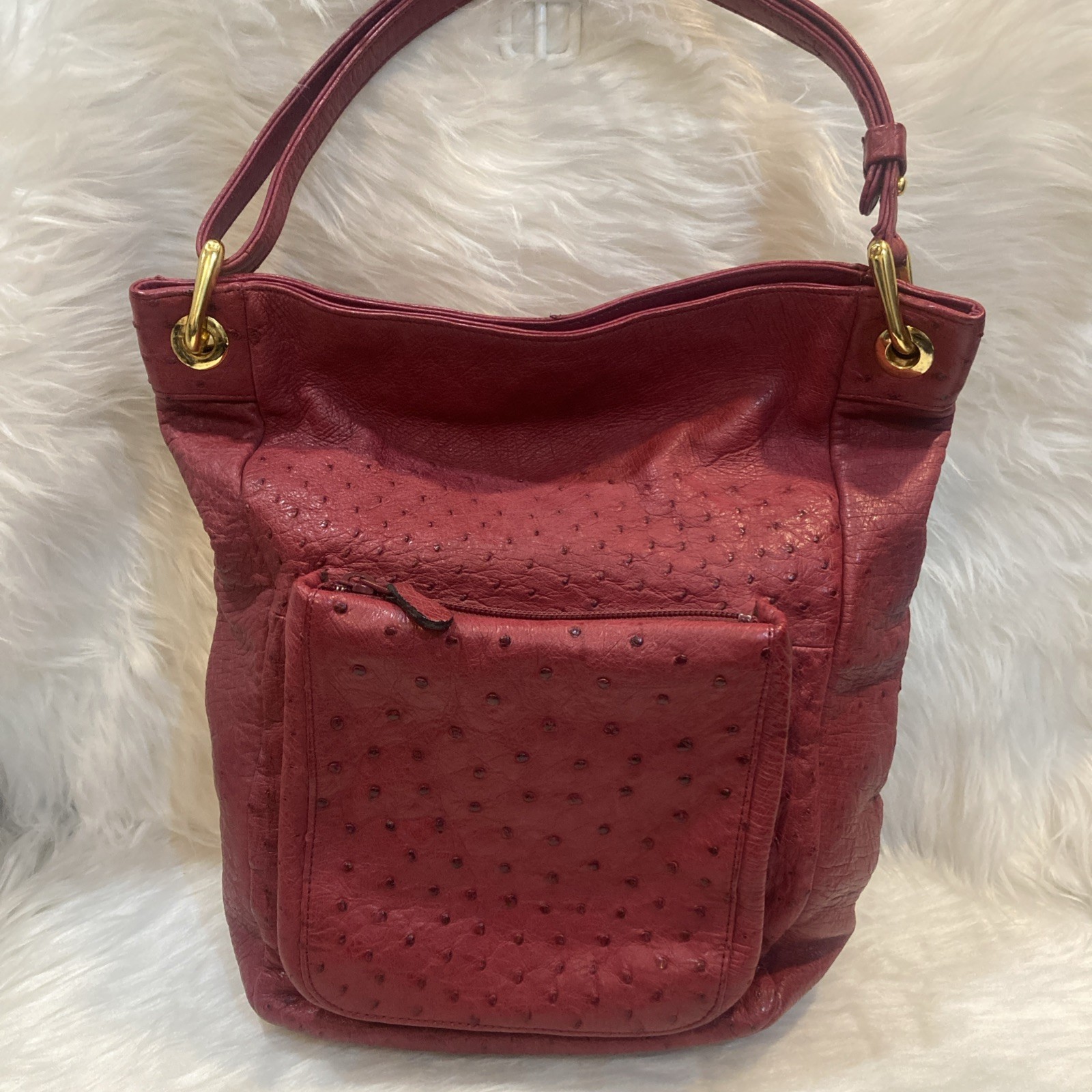 Vintage Ostrich Leather Handbag Red Top Handle Purse 32cm