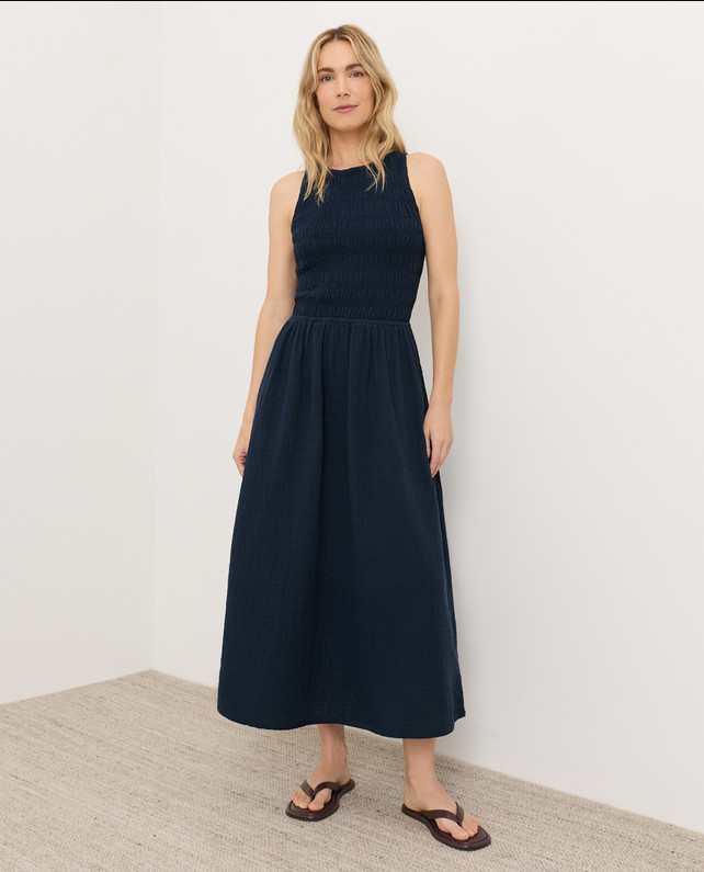 PACT Organic Coastal Double Gauze Smocked Dress, Navy (NEW)
