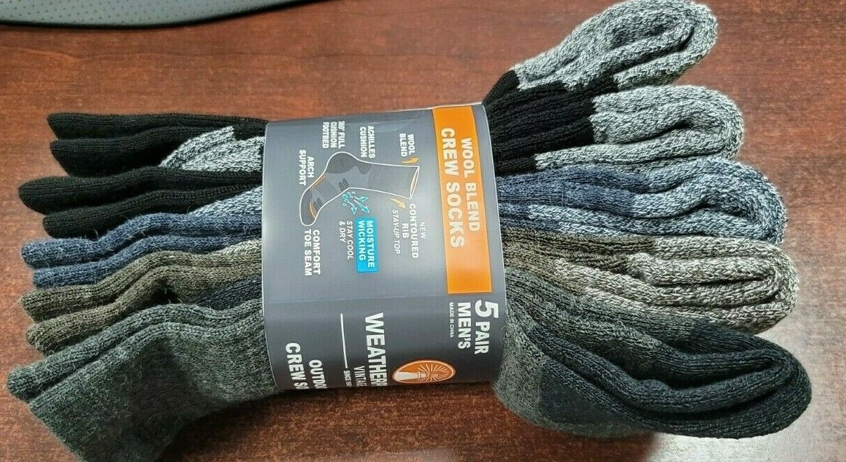 5 Pack Weatherproof Outdoor Wool Blend Crew Sock Size 6-12 Black Gray Blue Brown