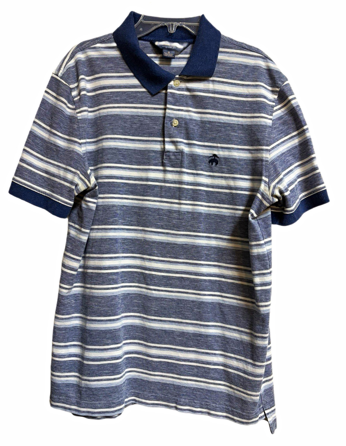 Brooks Brothers Mens M Polo Shirt Original Fit Cotton Linen Blue Striped Logo