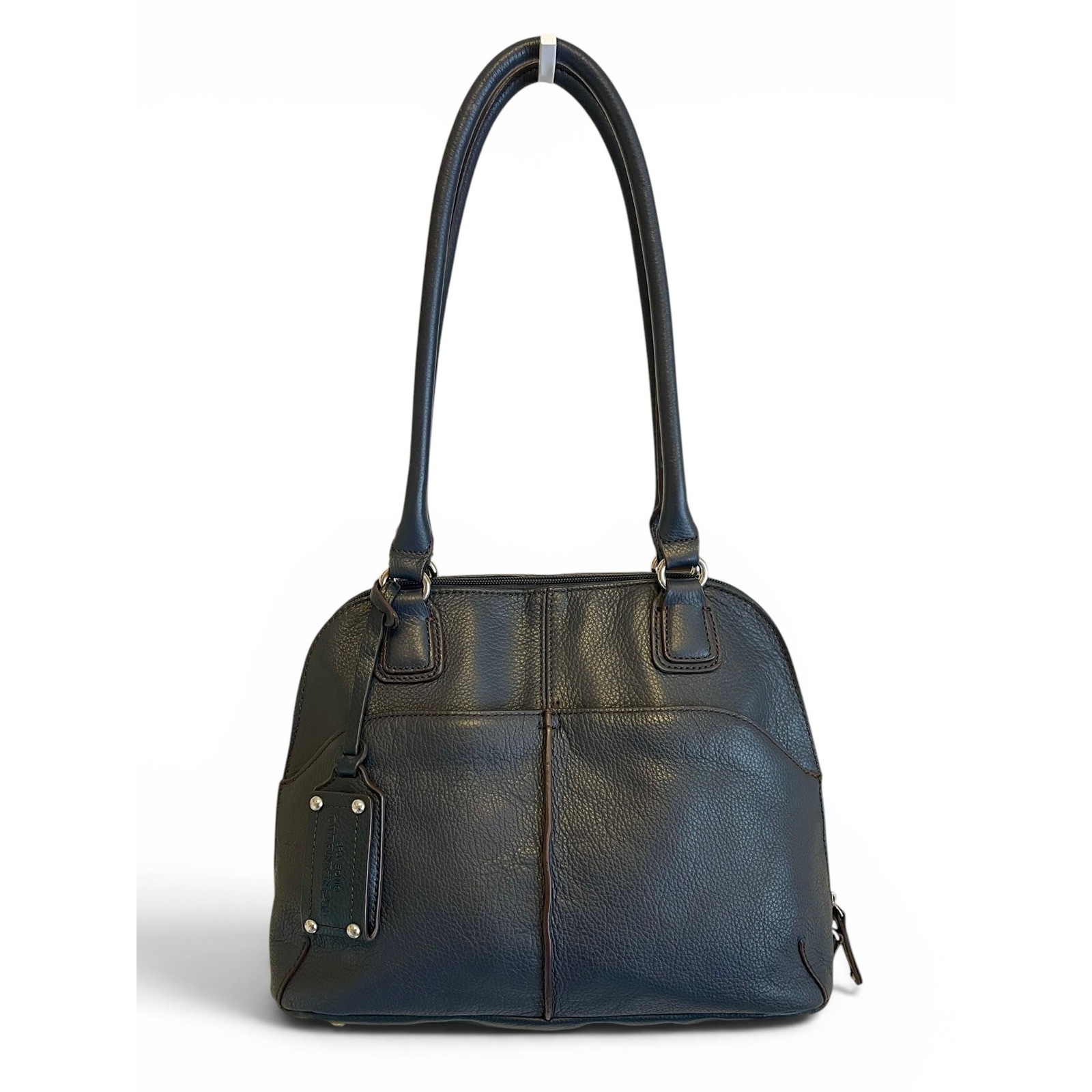 Tignanello Navy Pebbled Leather Domed Satchel Purse Built-In Wallet Mirror Tag