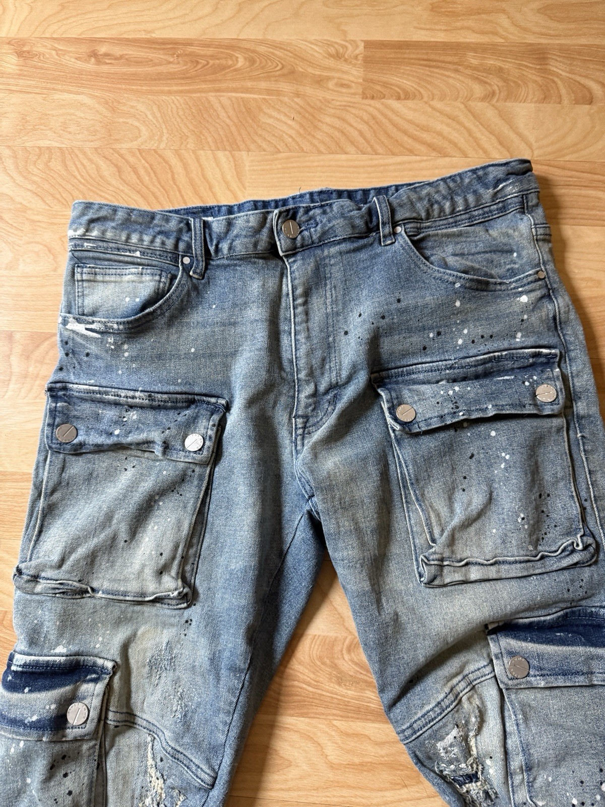 First Row Utility Cargo Repair Distressed Denim Jeans Size 38X32