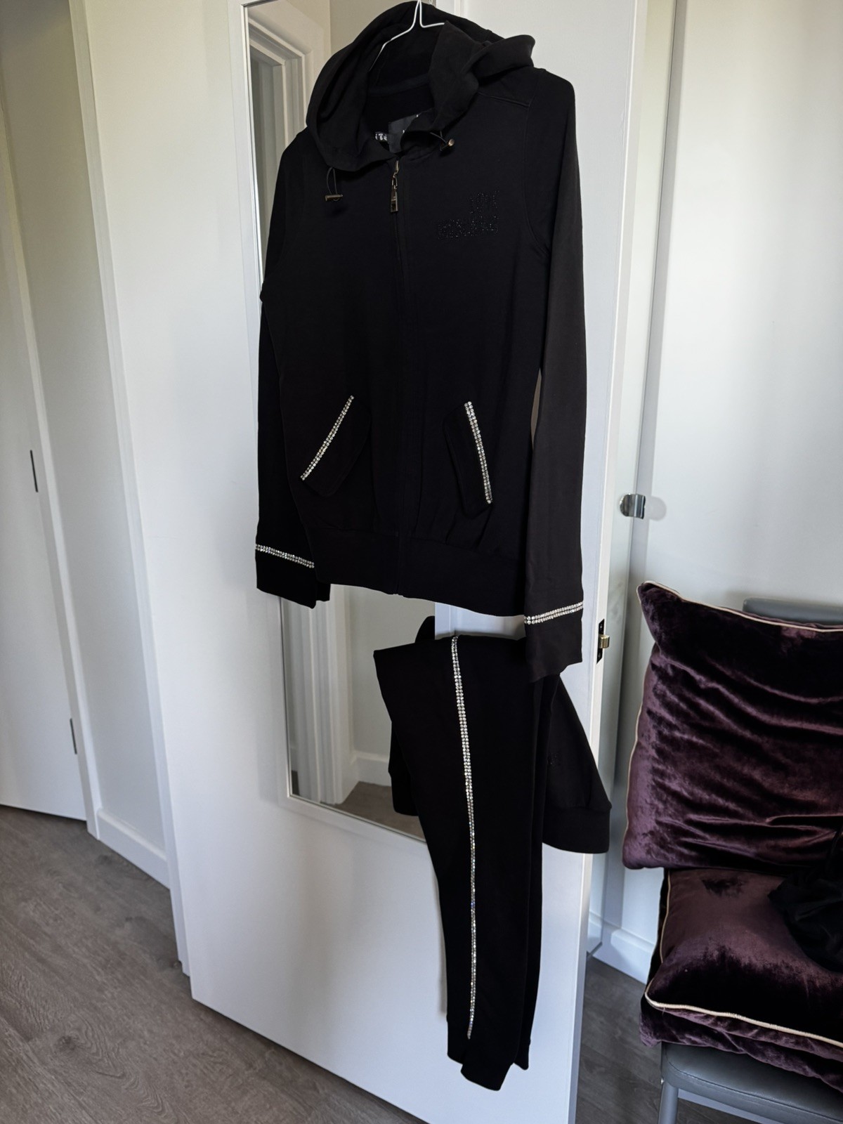 Black Love Moschino bedazzled branded tracksuit lounge set