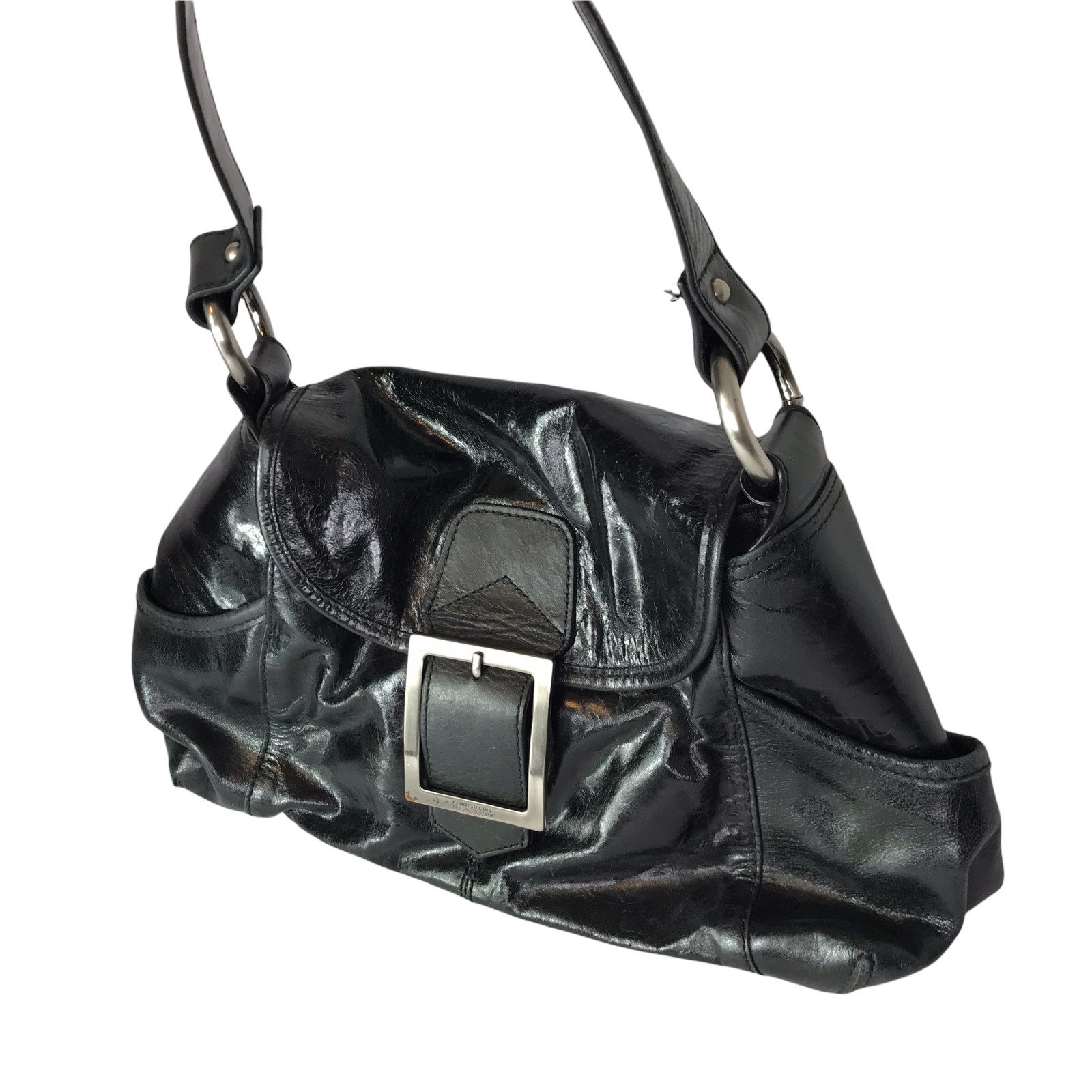 Kenneth Cole Reaction Leather Purse Shoulder Bag Black Silver Buckle Magnetic